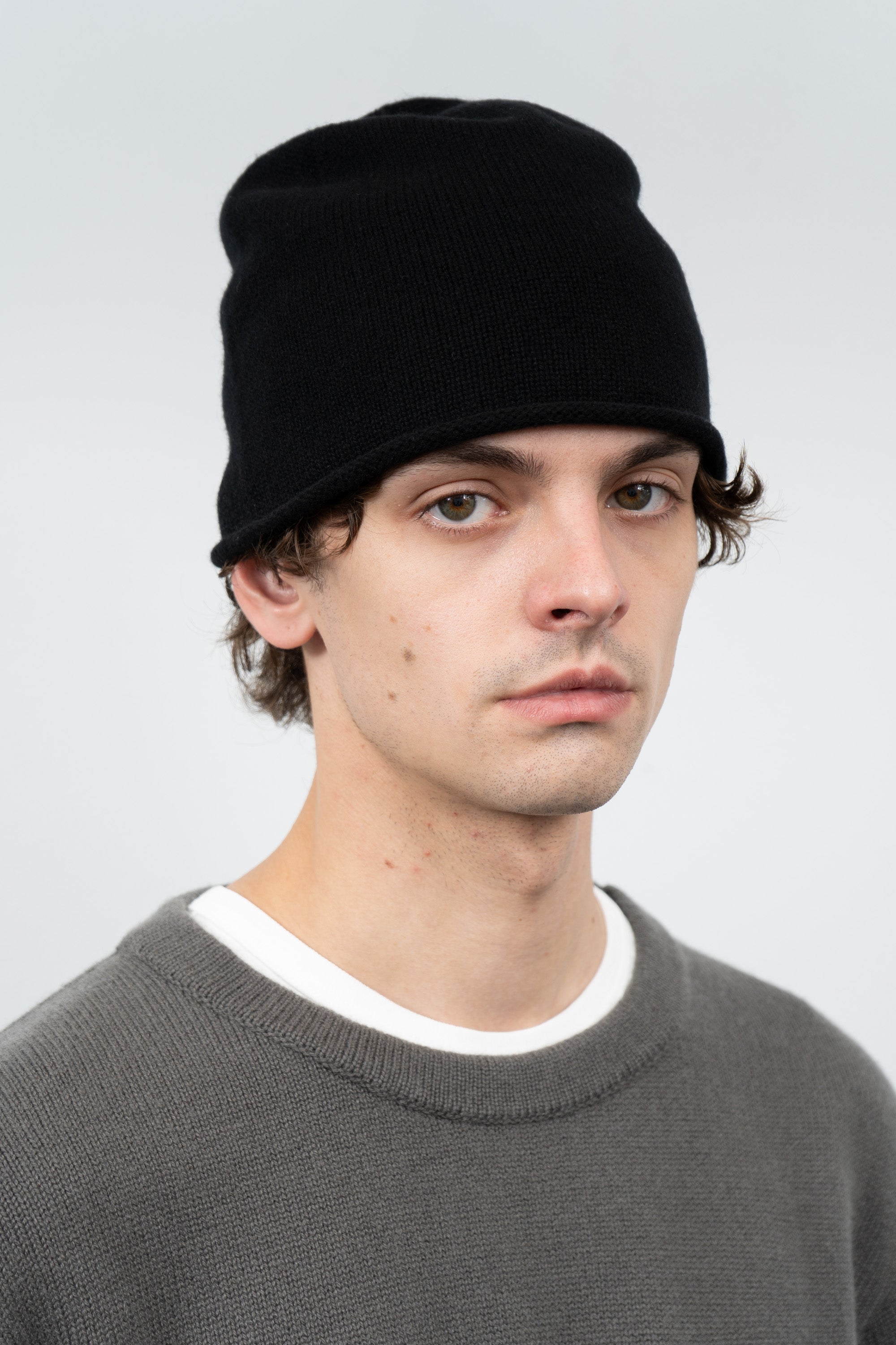 Close-up of model wearing LW036 Ambrosia Beanie in black