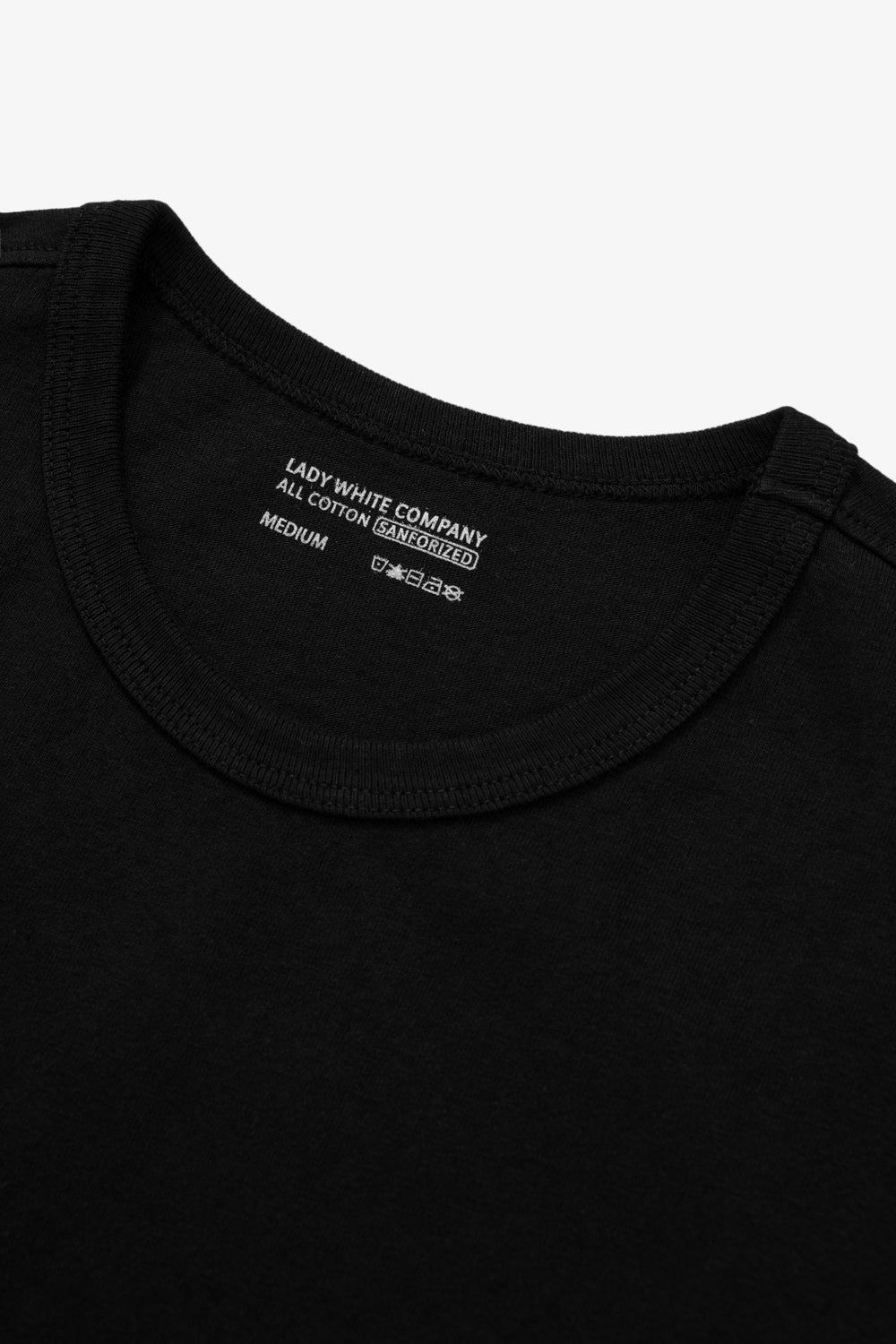 Close-up of collar on LW101 Our T-shirt in black