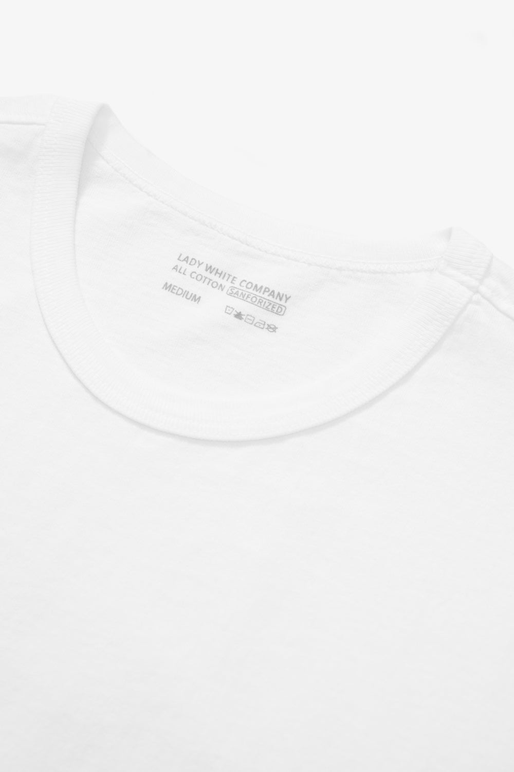 Close-up of collar of LW101 Our T-shirt in white