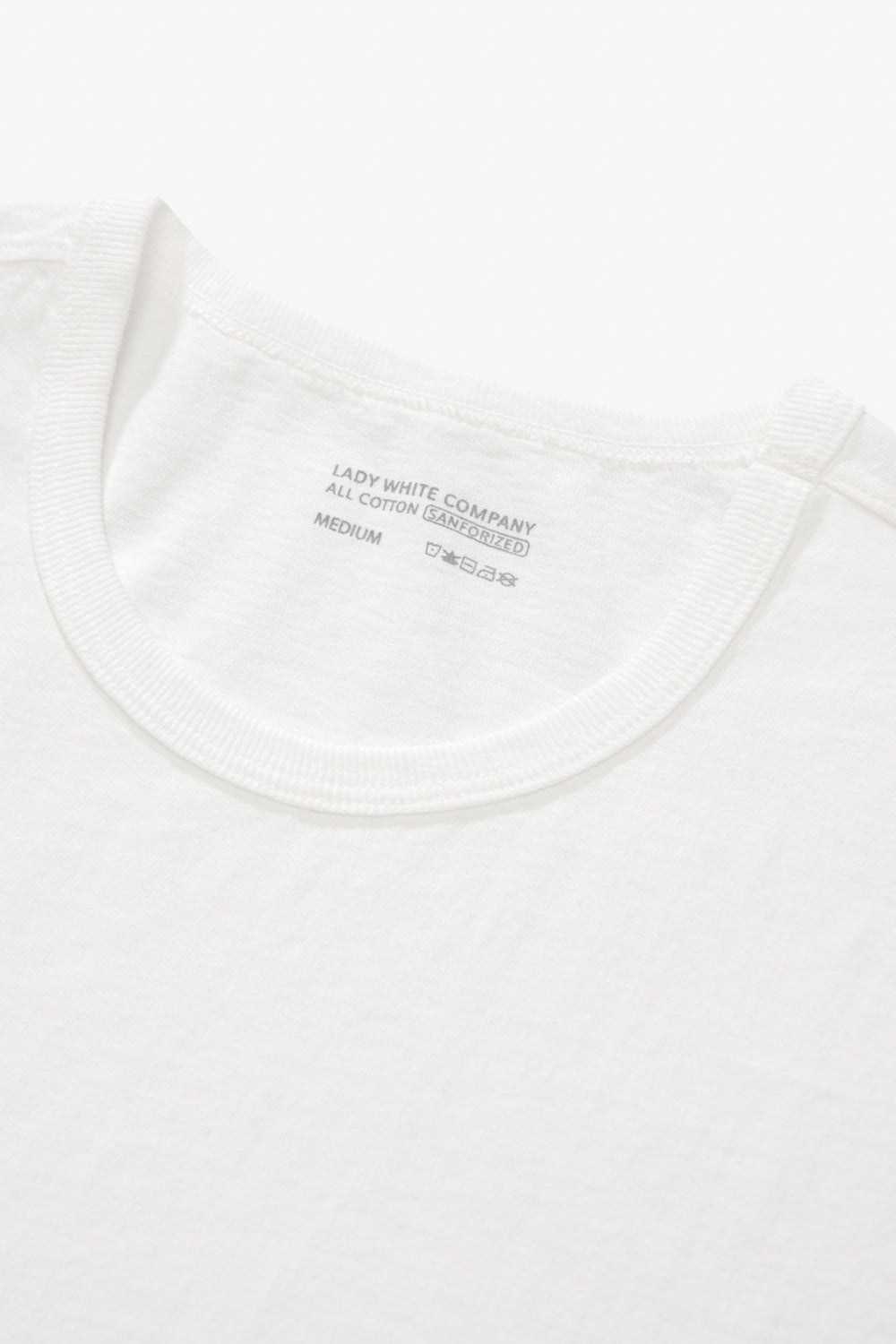 Close-up of collar on LW101 Our T-shirt in white