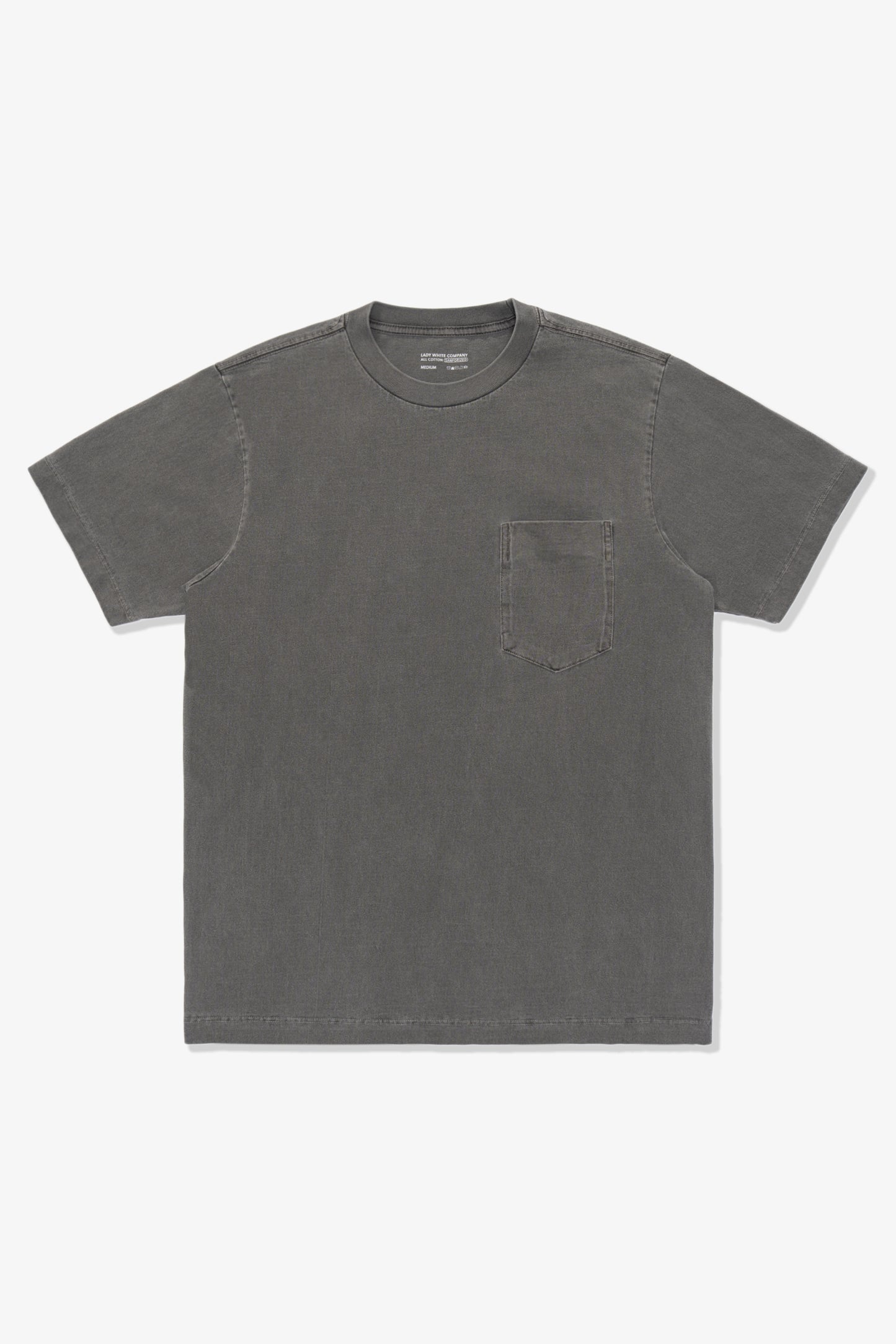 Full length lay-flat of LW1120 Balta Pocket T-shirt in grindle against a plain background.