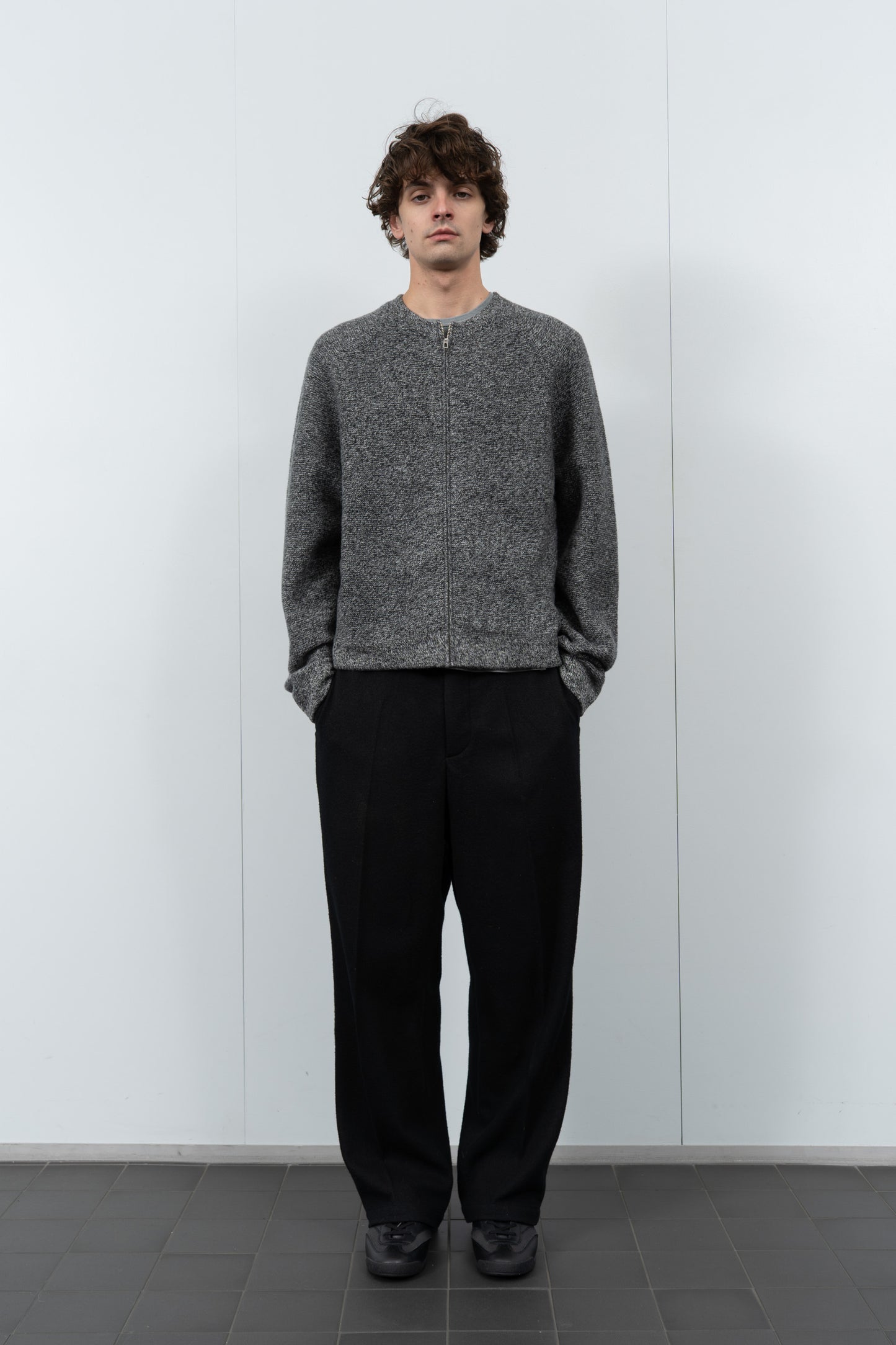 WOOL LINK ZIP CARDIGAN - BLACK TWIST