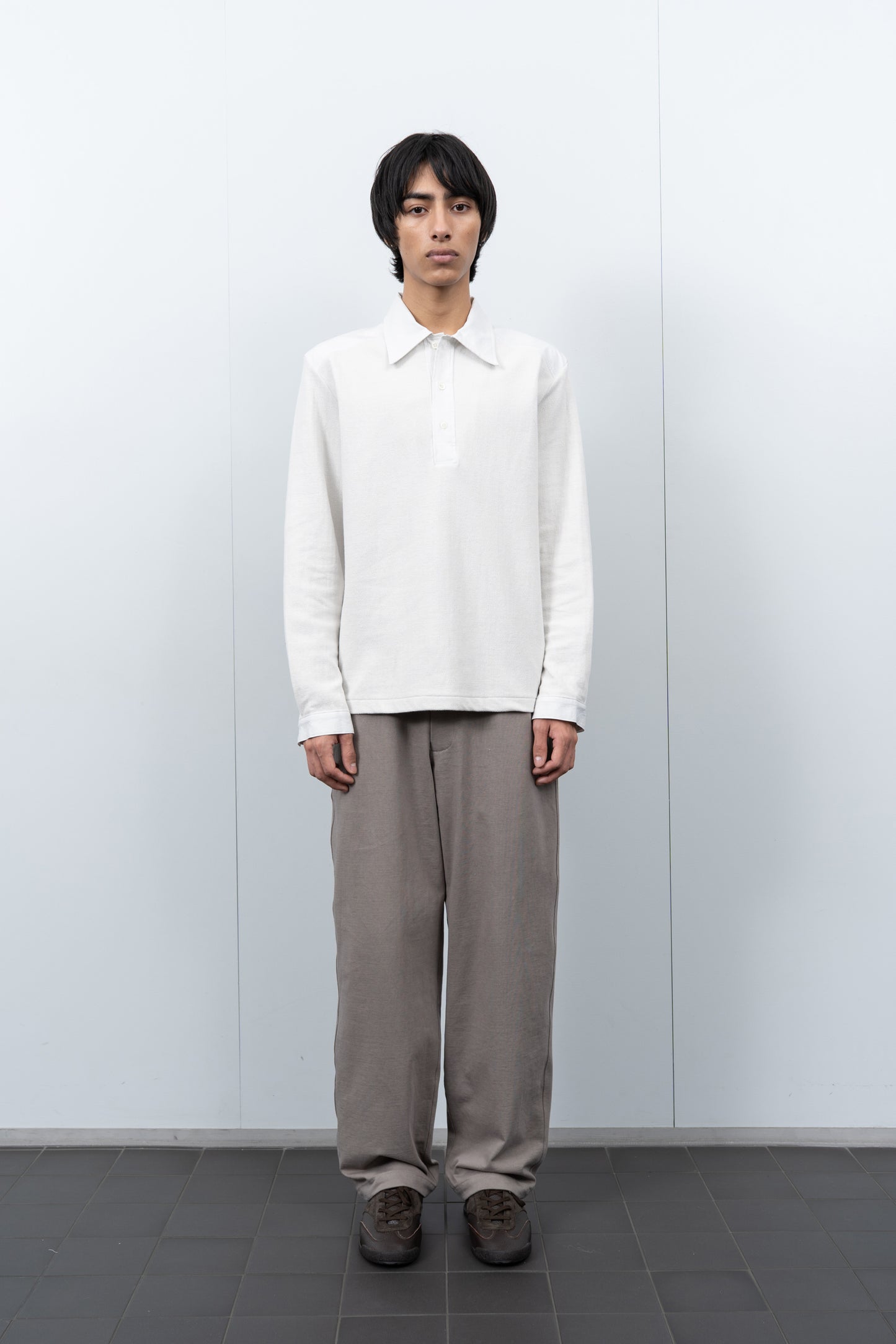 LW415CL Double Knit Polo in Off White on a model