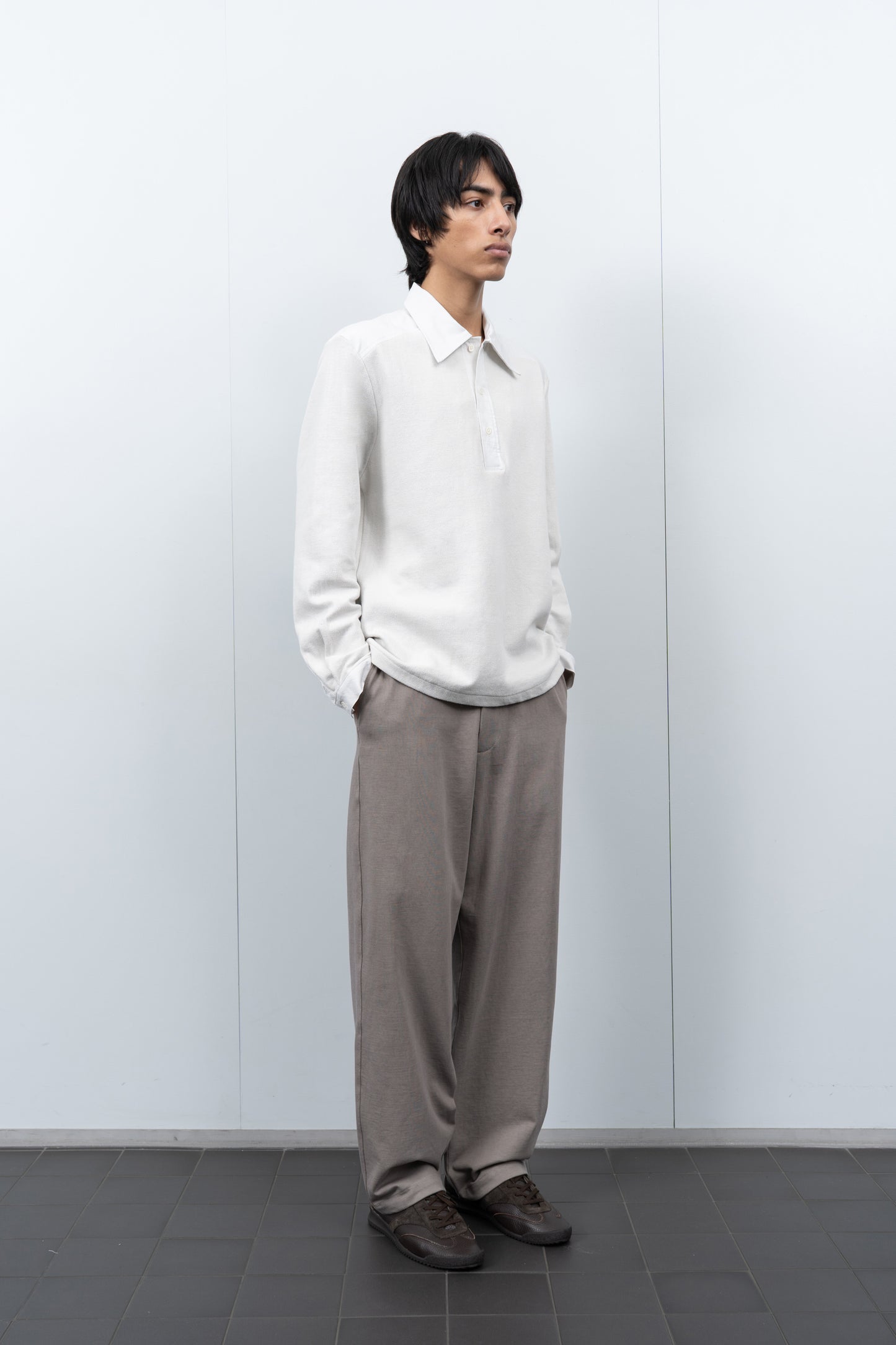 LW415CL Double Knit Polo in Off White on a model