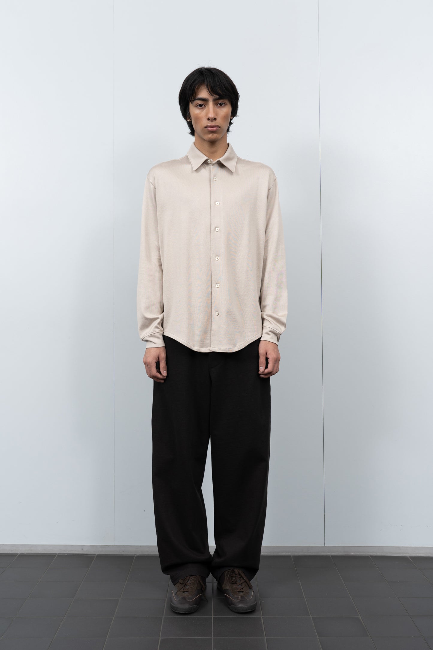 LW444CR LS Jersey Button Down in Off White on a model