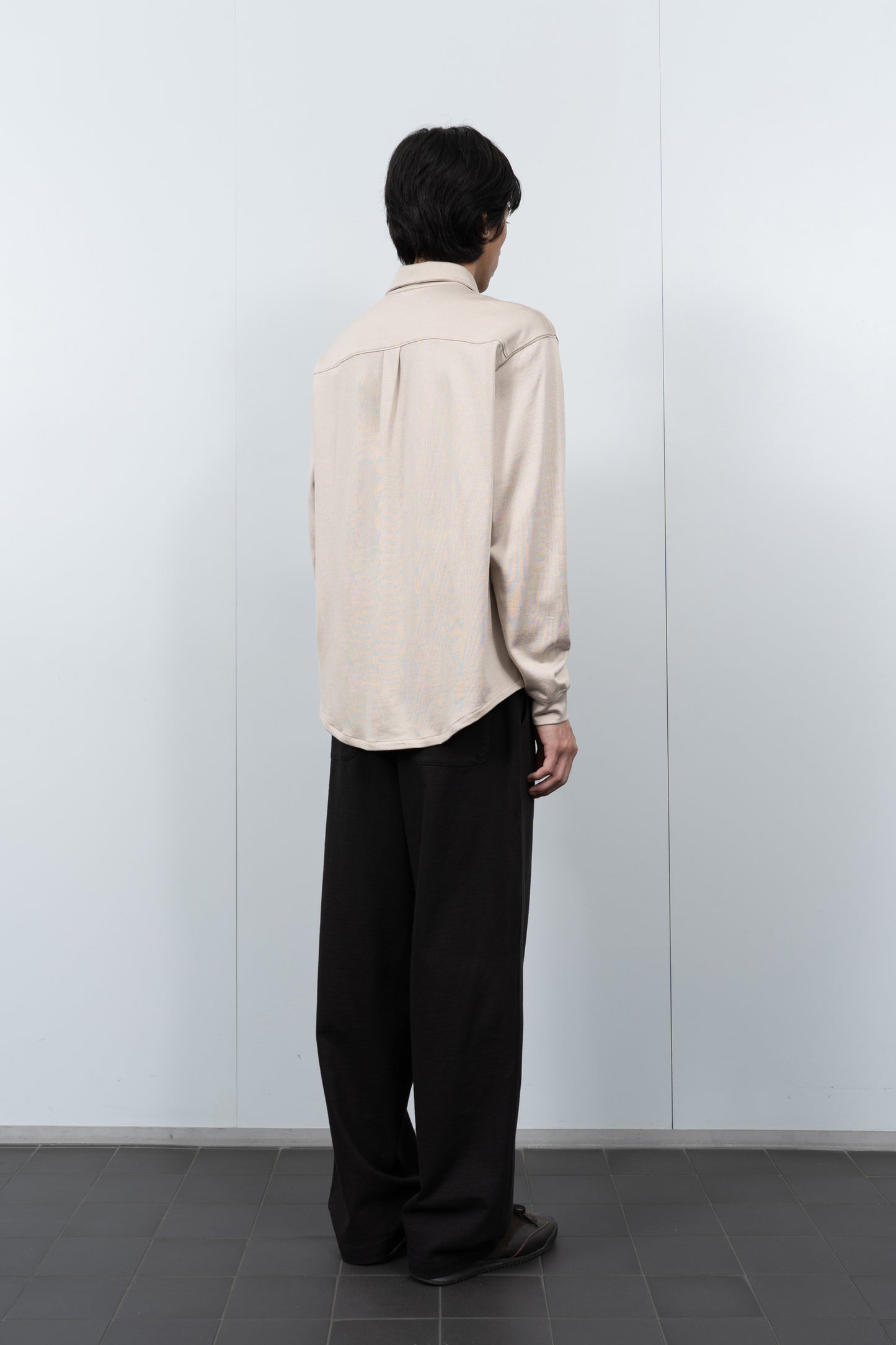 LW444CR LS Jersey Button Down in Off White on a model