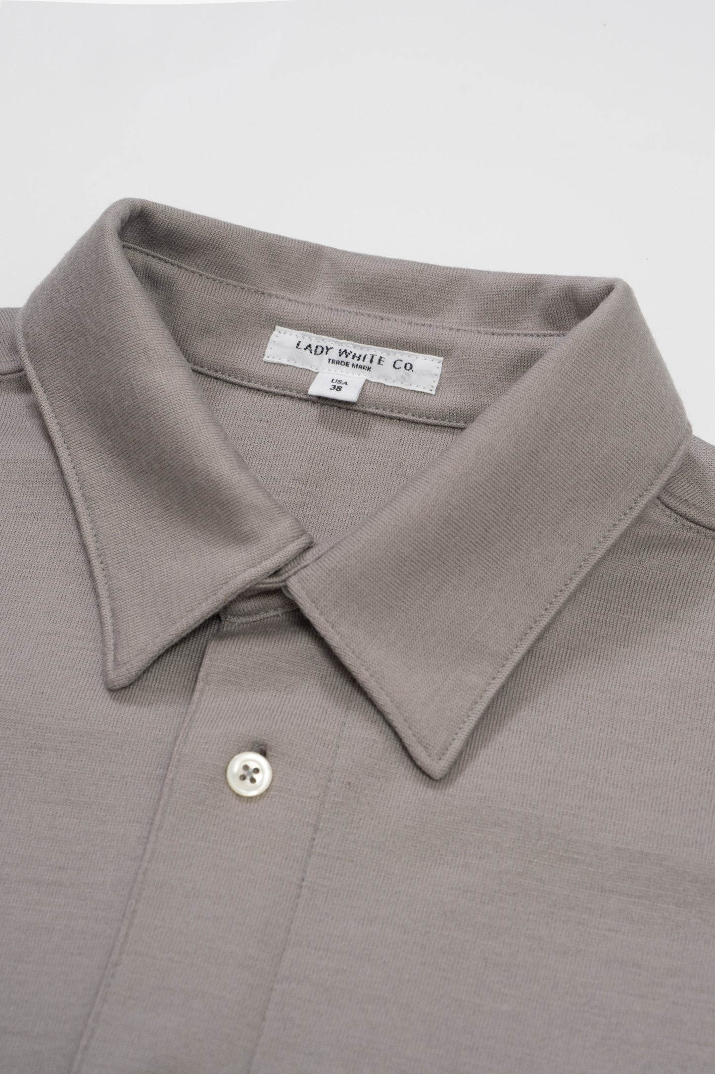 Collar detail of LW444W Wool Button Up in Silver