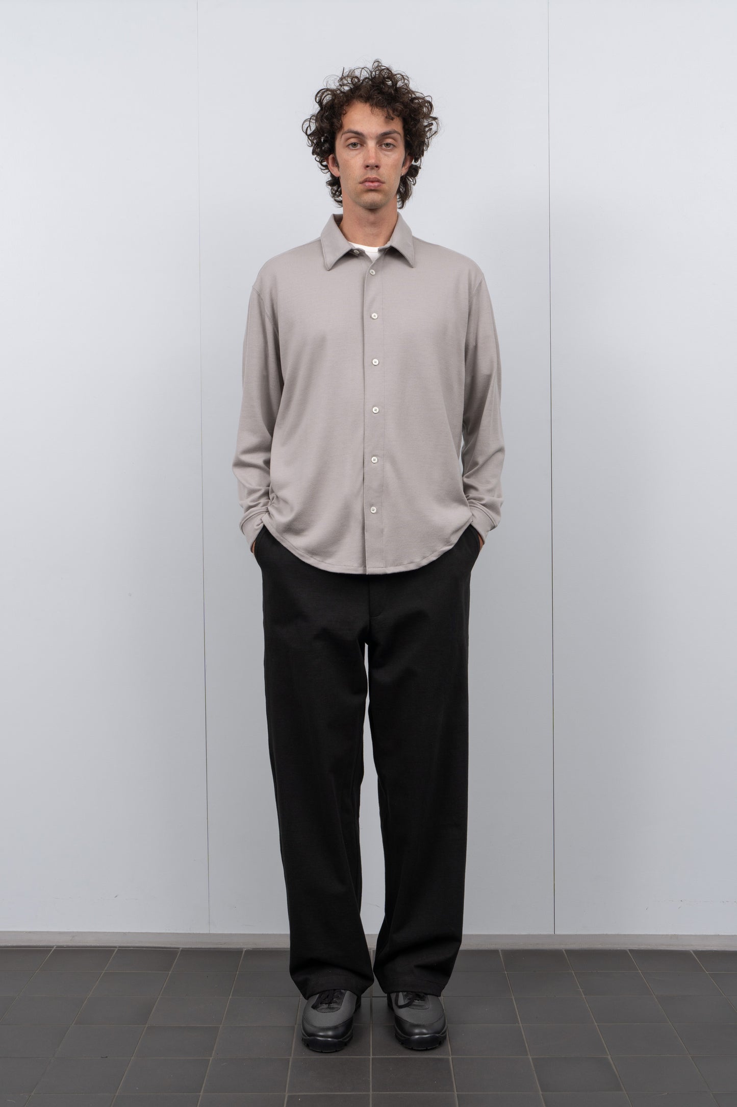 LW444W Wool Button Up in Silver on a model