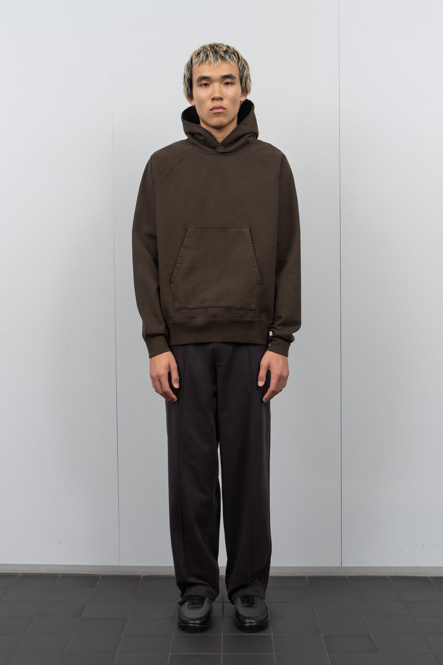 LW680 Super Weighted Hoodie in Black Olive on a model