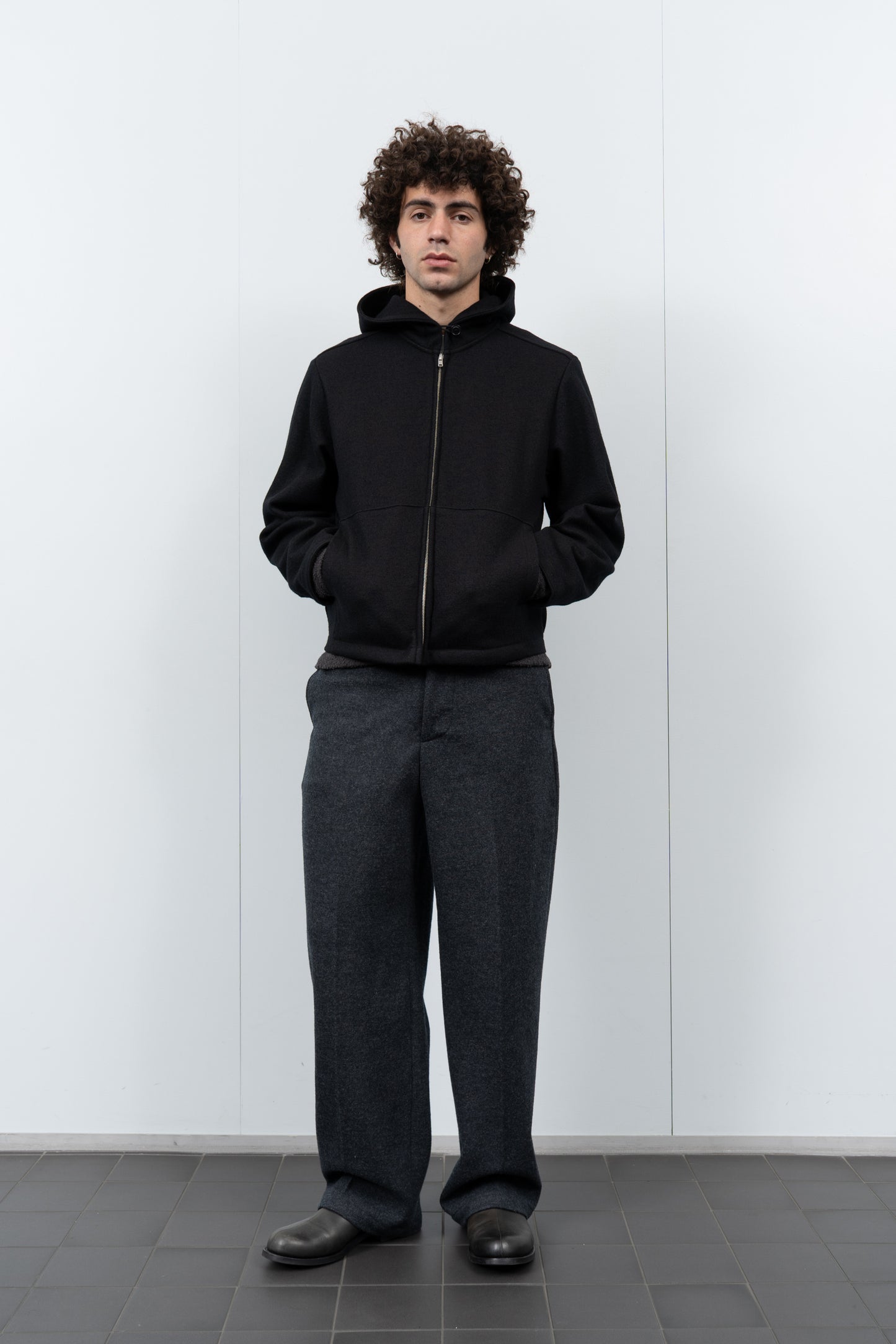 WOOL ZIP HOODIE - BLACK