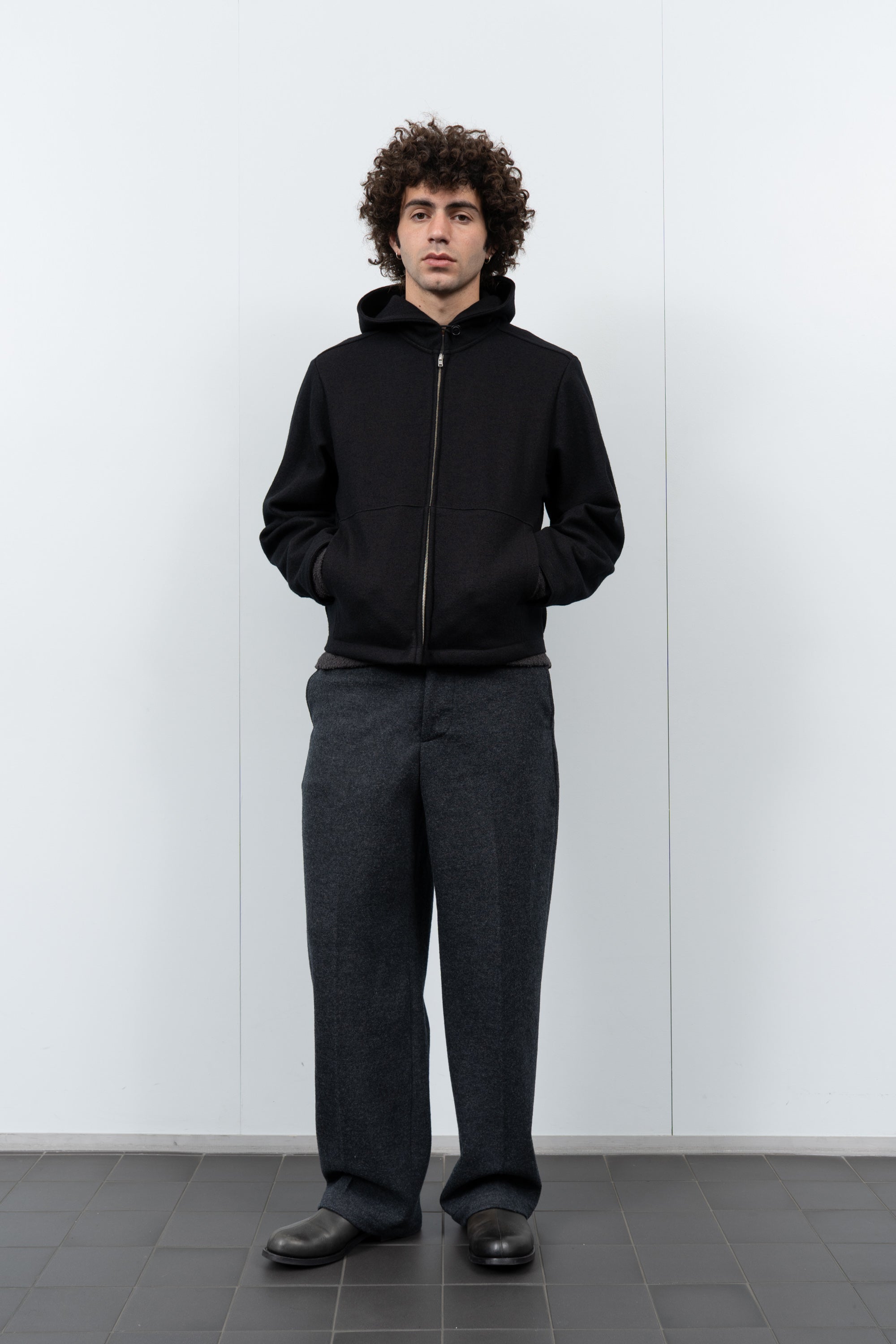 WOOL ZIP HOODIE - BLACK
