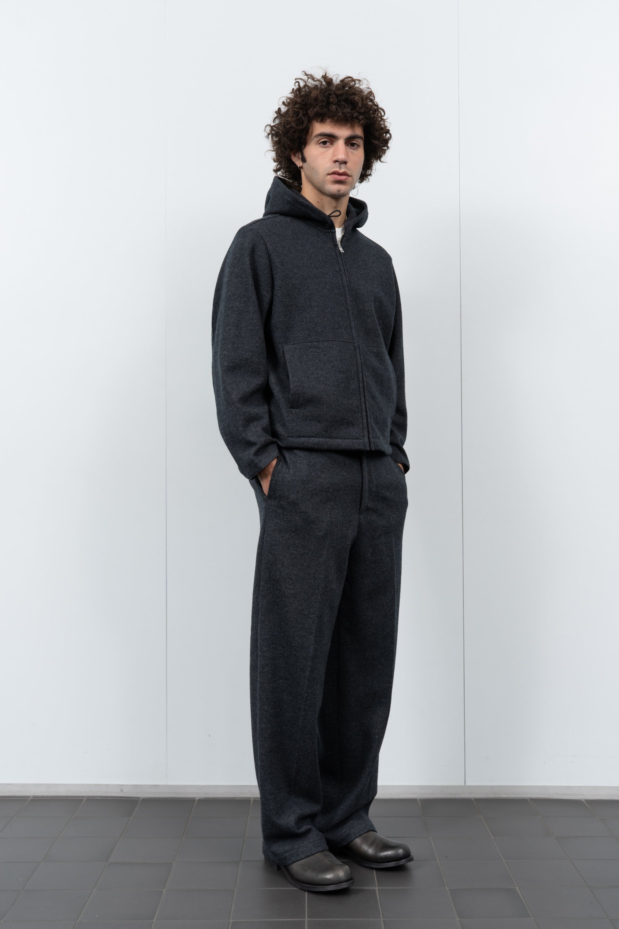 WOOL ZIP HOODIE - CHARCOAL