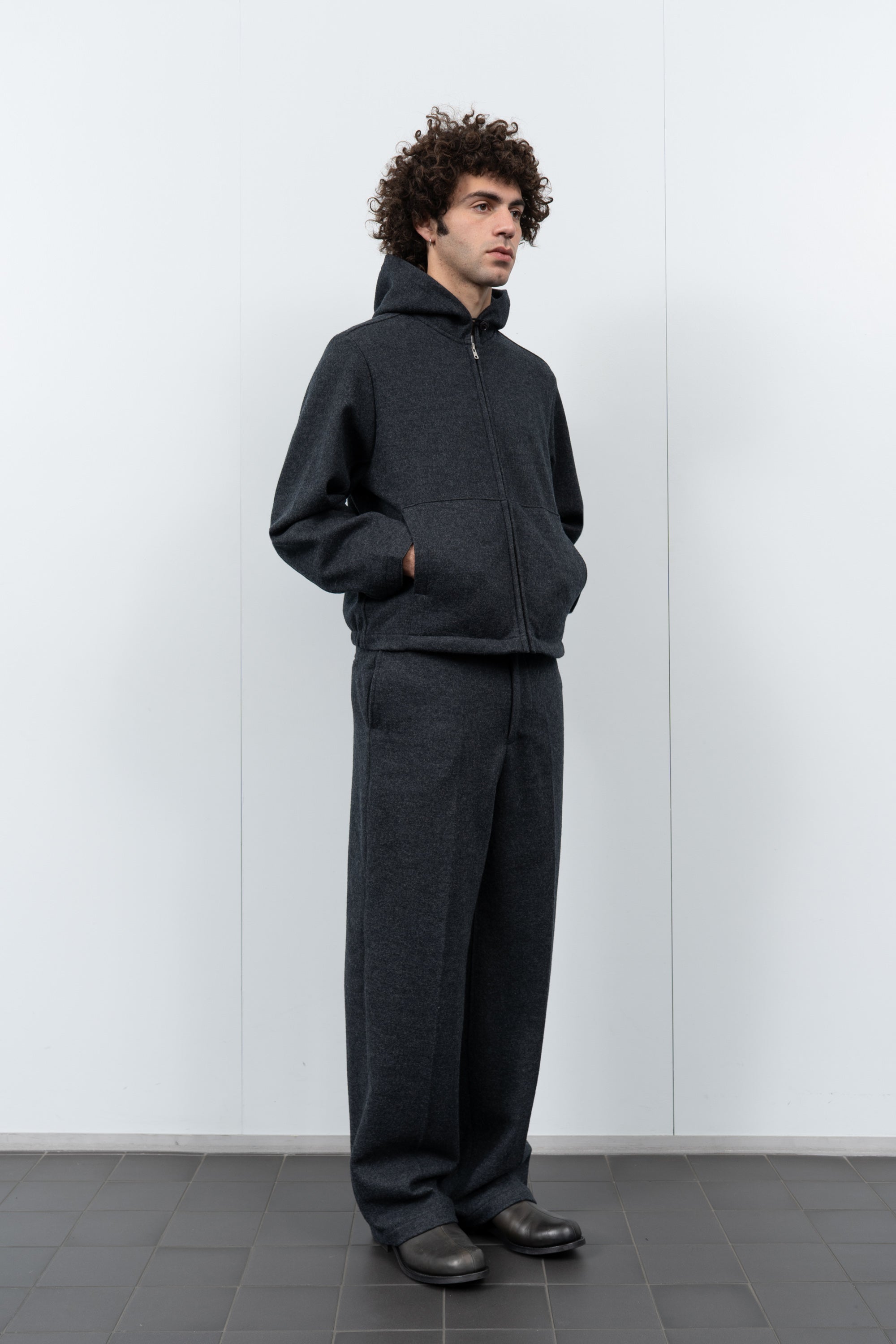 WOOL ZIP HOODIE - CHARCOAL