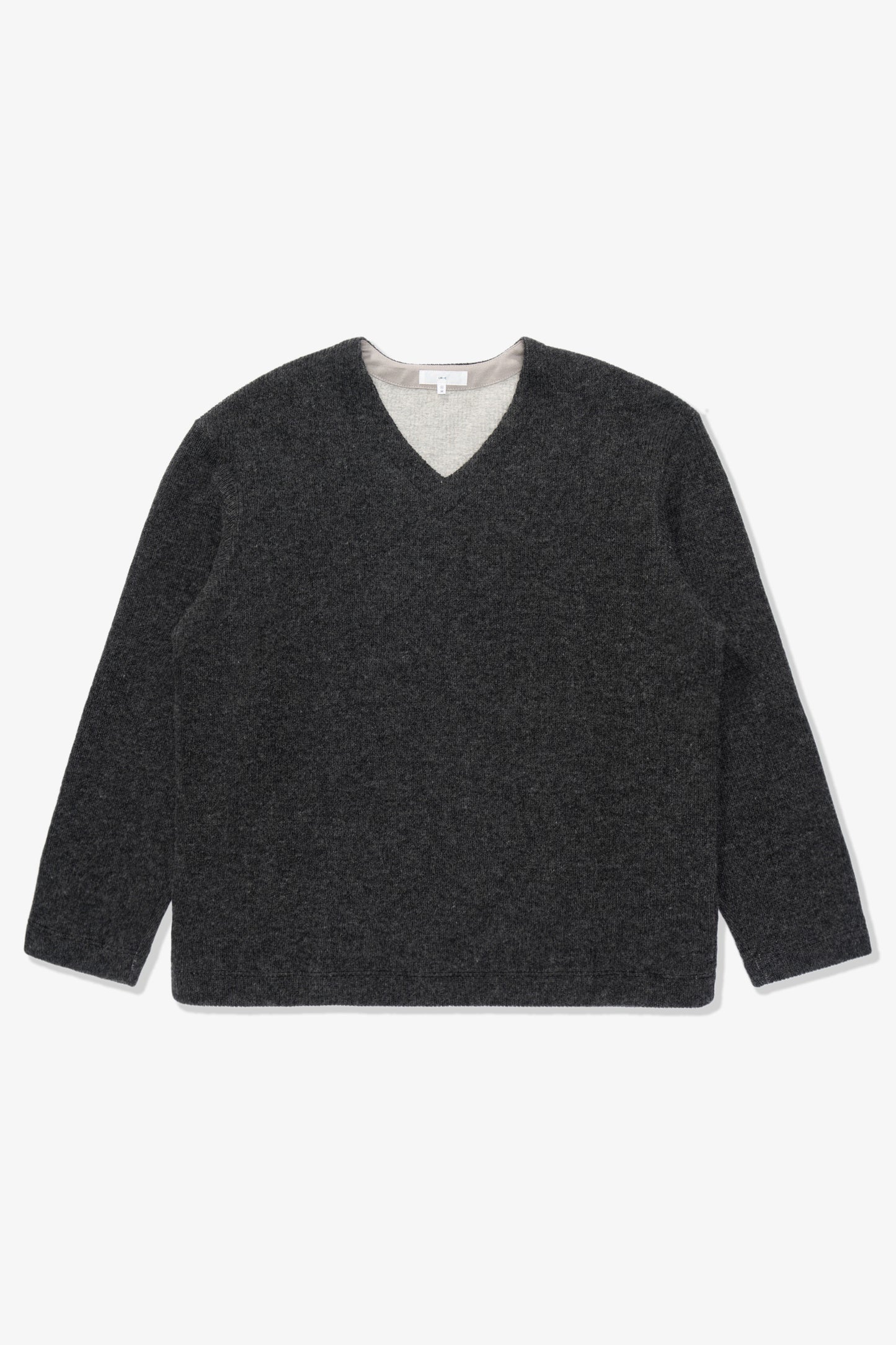 Full-length lay-flat photo of LW770CW V Neck Snap Sweater in charcoal
