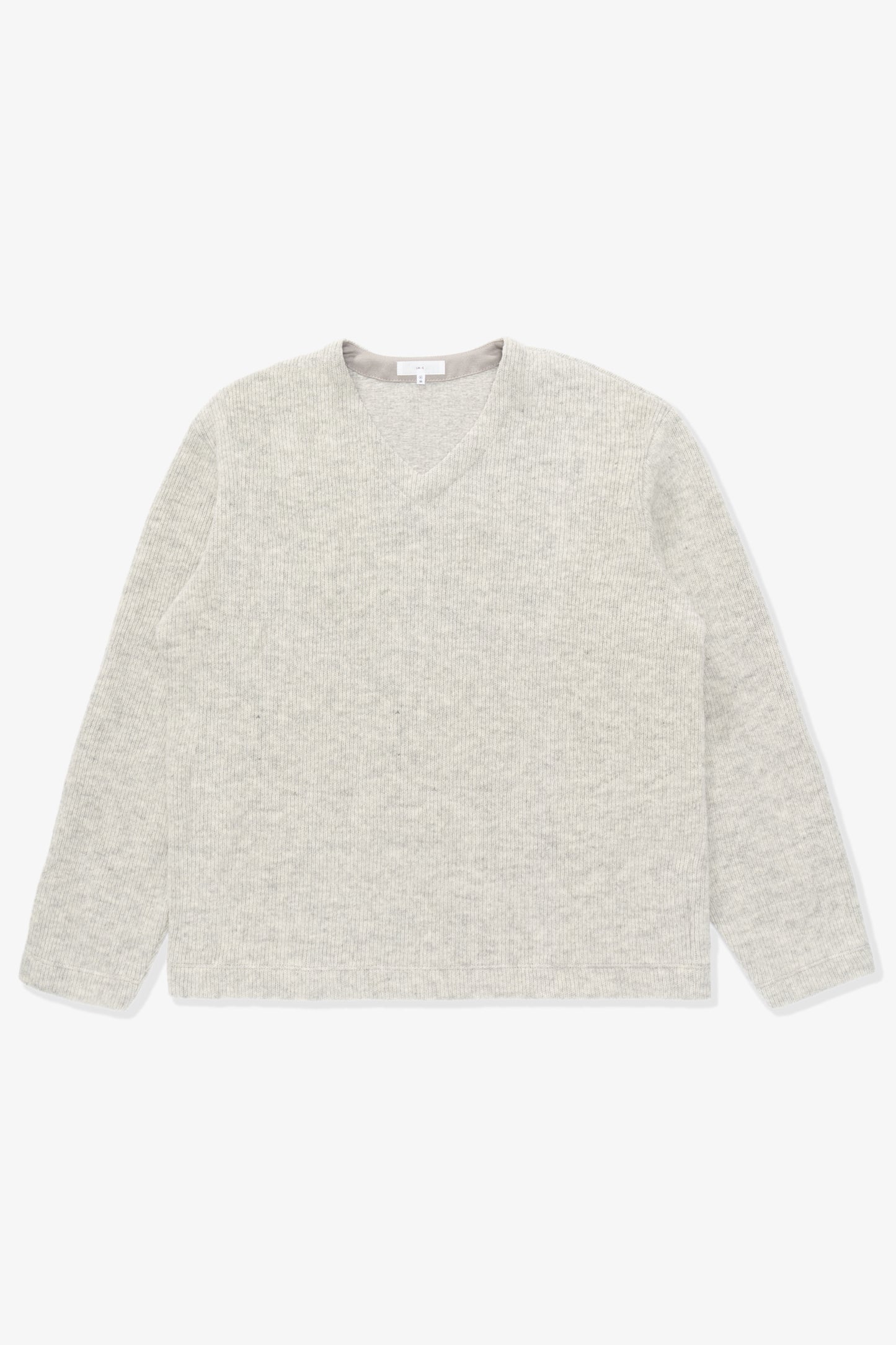 Full-length flat-lay photo of LW770CW V Neck Snap Sweater in Oatmeal