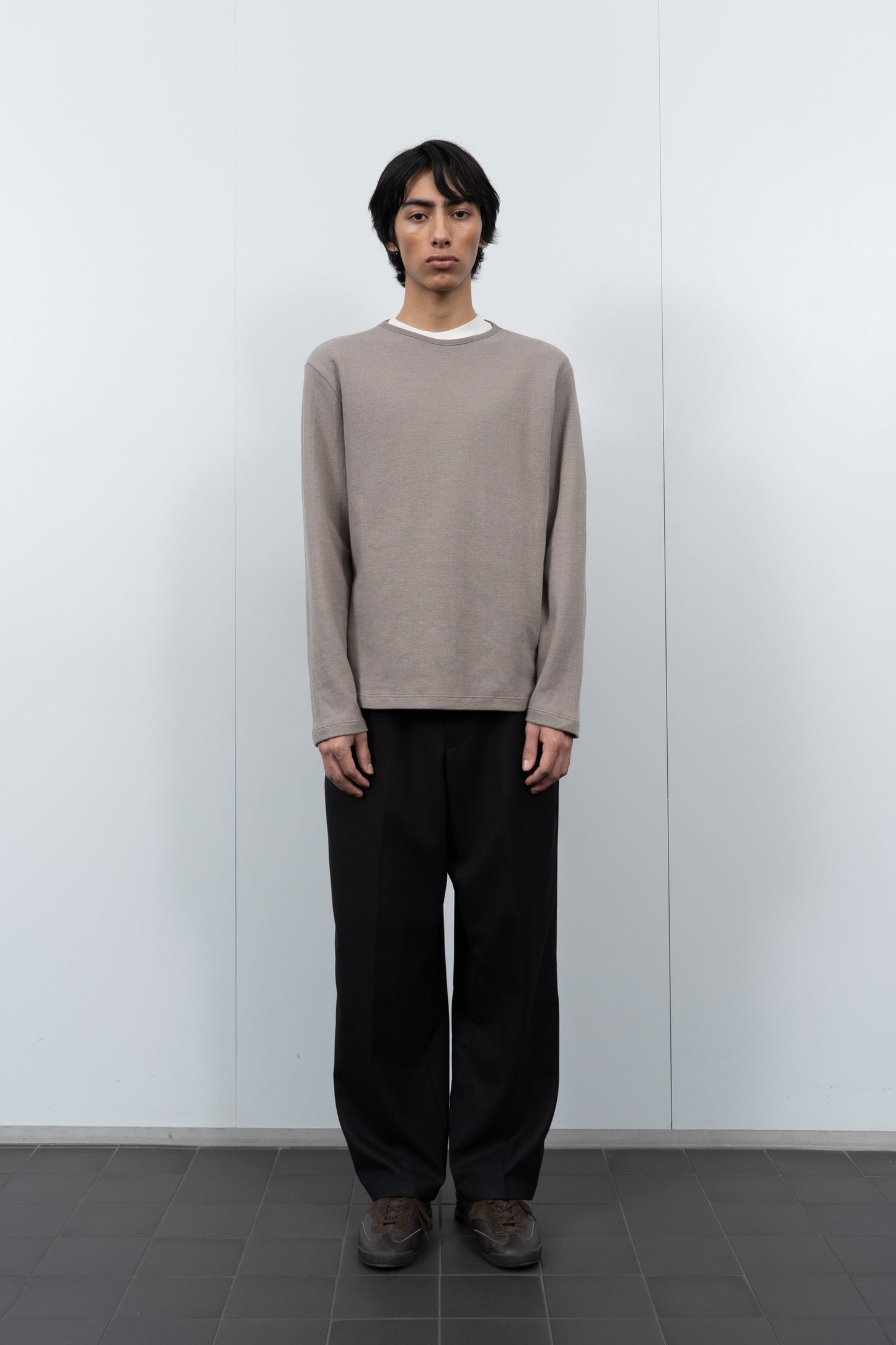 LW777CL Double Knit Sweater in Anvil Grey on a model