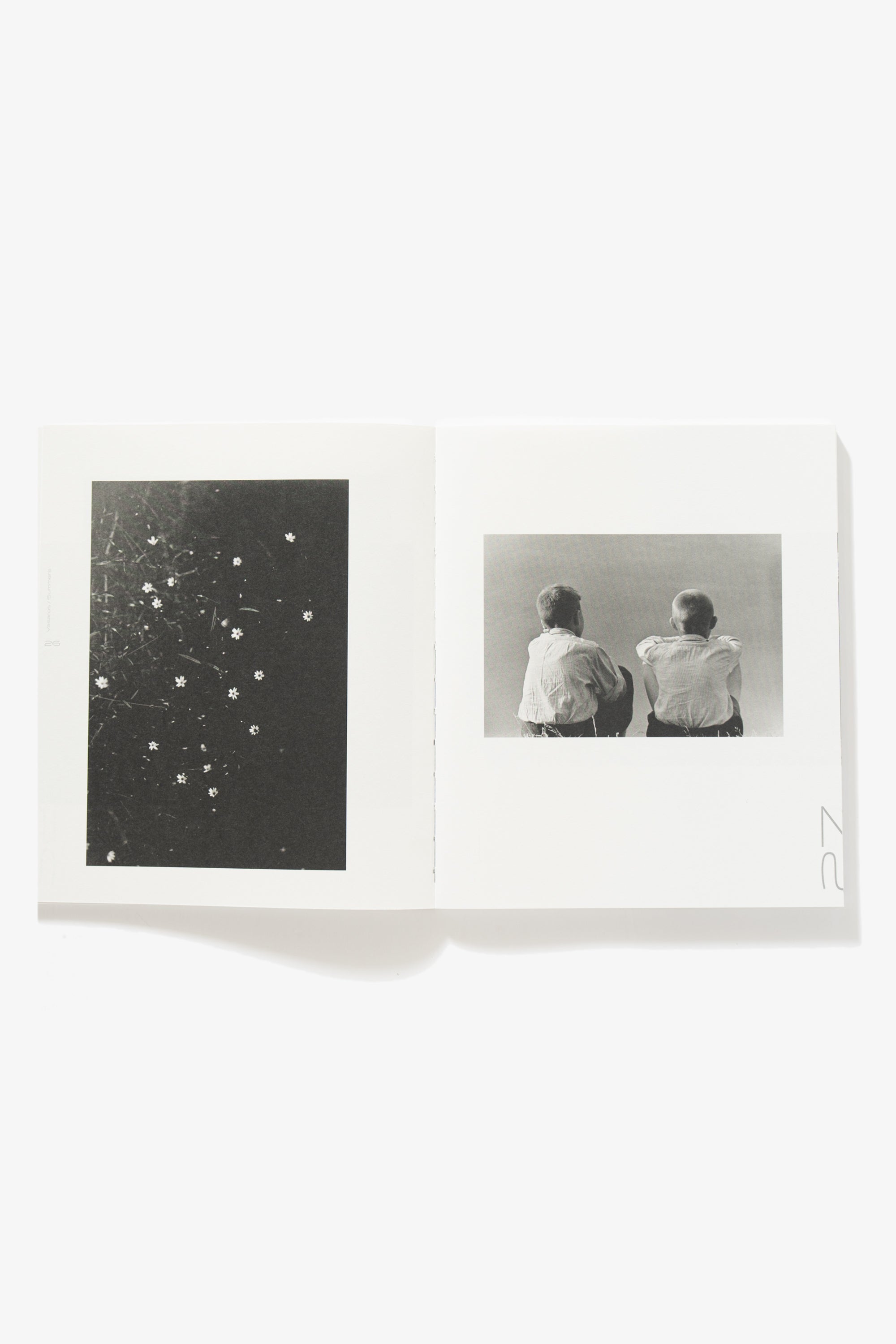 Spread of 85 Vasaros. Verso shows an aerial image of flowers dispersed in water, stems disconnected from their heads. Recto depicts two boys sitting on grass, their backs to the camera. 