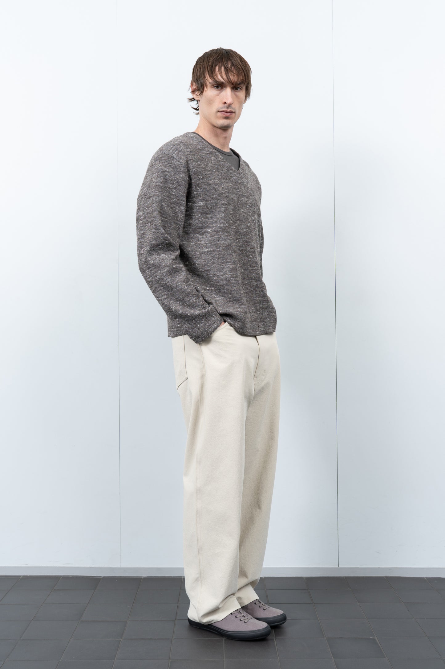 LINEN WOOL V-NECK - BROWN MELANGE