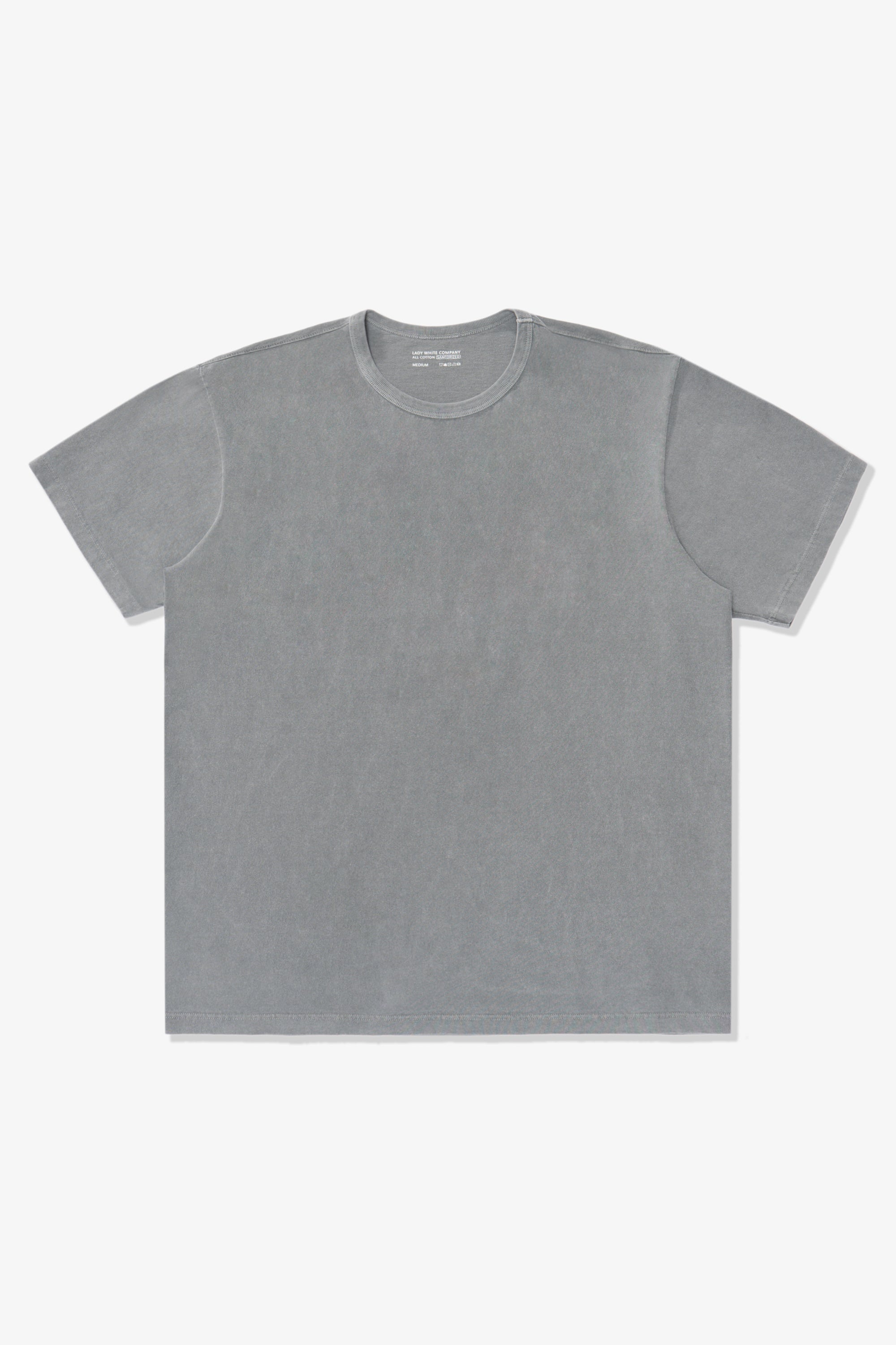 Full length flat-lay photograph of LW101 Our T-shirt in pigment kelp