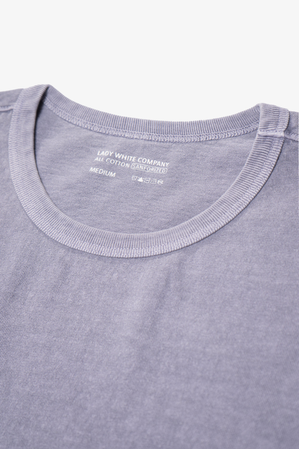 Close-up of collar of LW101 Our T-shirt in lilac grey
