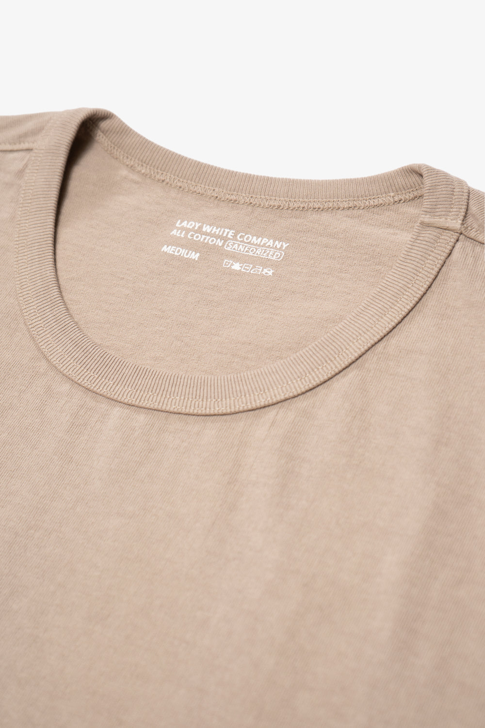 Close-up of collar of LW101 Our T-shirt in sand