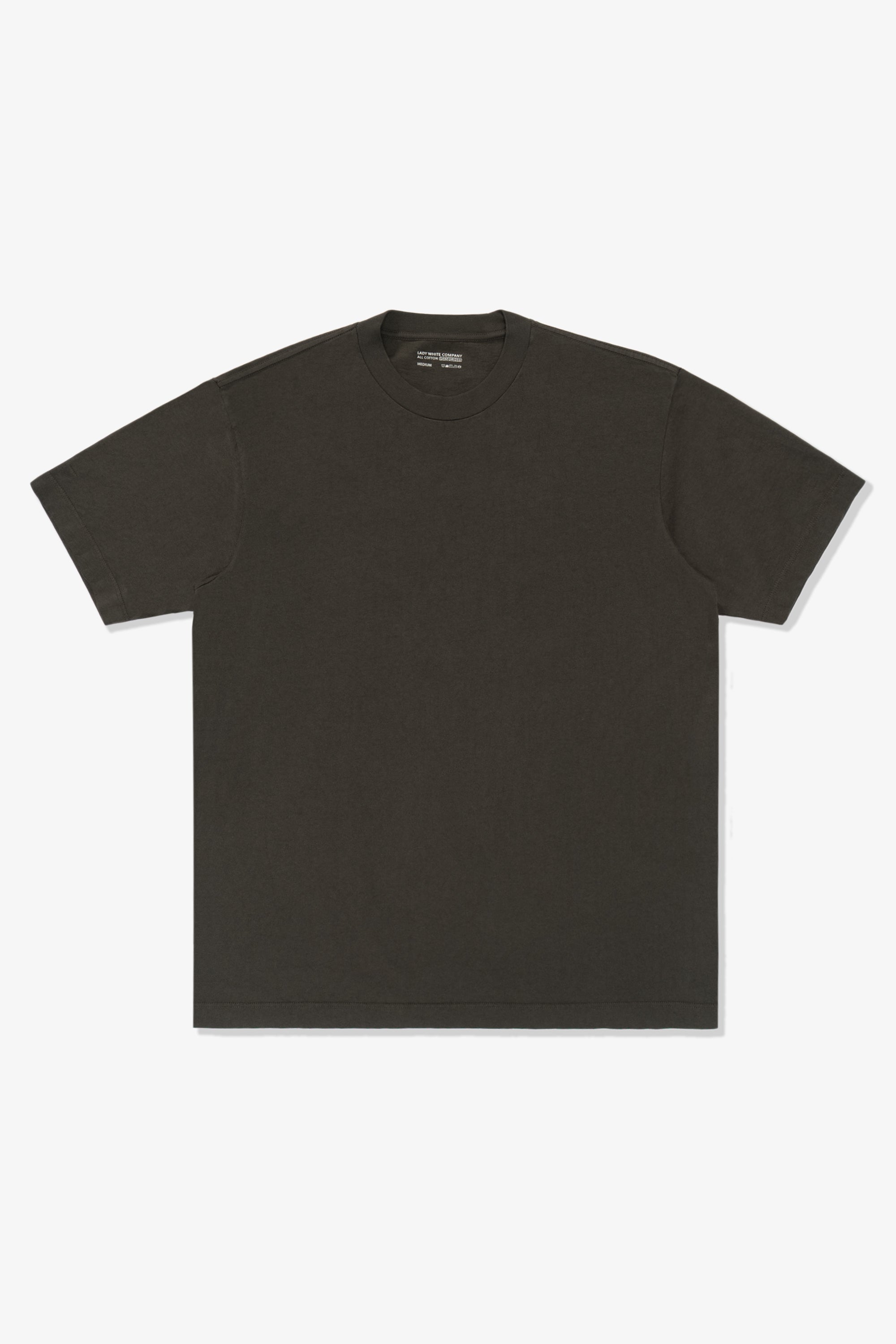 Full length flat-lay photograph of the LW102 Municipal T-shirt in a green-black color, “Black Pine”