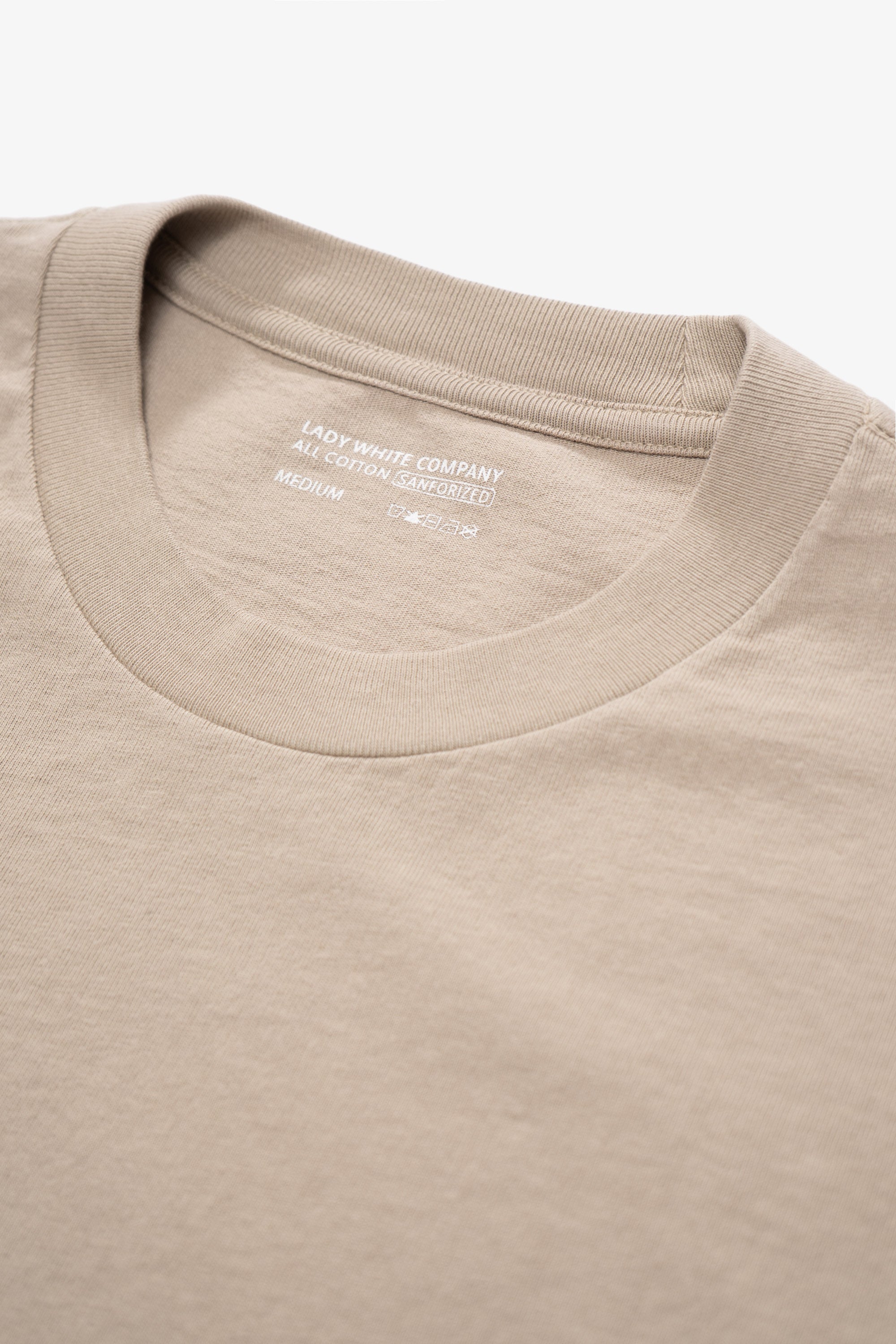 Close-up of collar of LW102 Municipal T-shirt in sand
