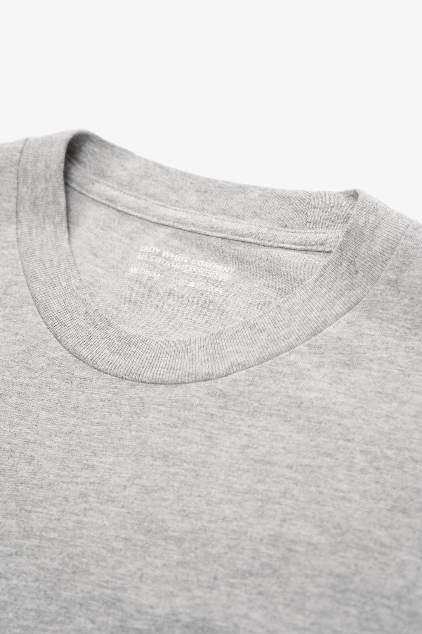 Close-up of collar of LW103 Municipal Packet T-shirt in heather gray