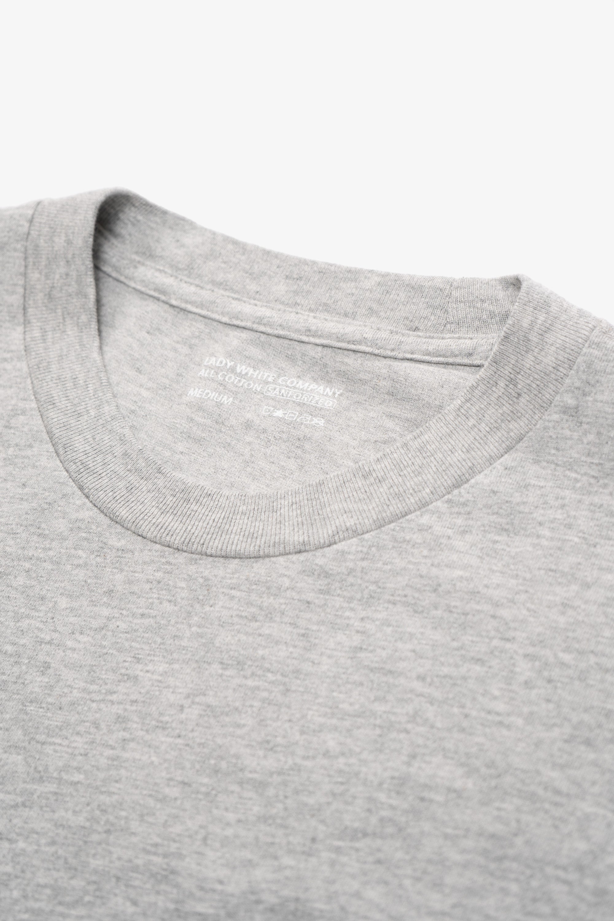 Close-up of collar of LW103 Municipal Packet T-shirt in heather gray