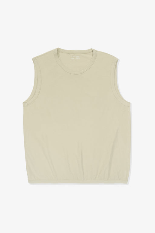Full length flat-lay photograph of the LW106 Sleeveless T-shirt in a creamy green, “Swiss Natural”