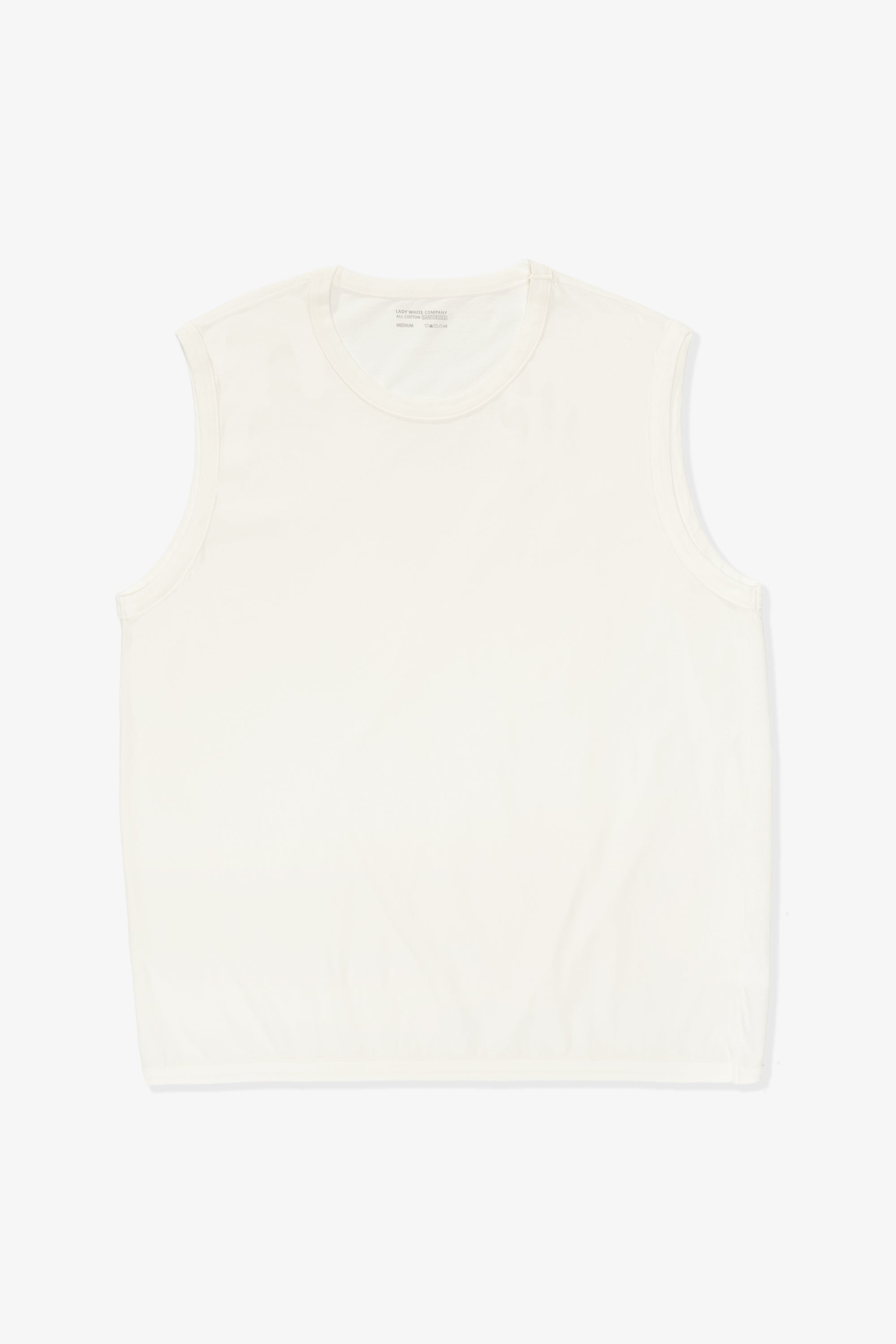Full length flat-lay photograph of the LW106 Sleeveless T-shirt in white