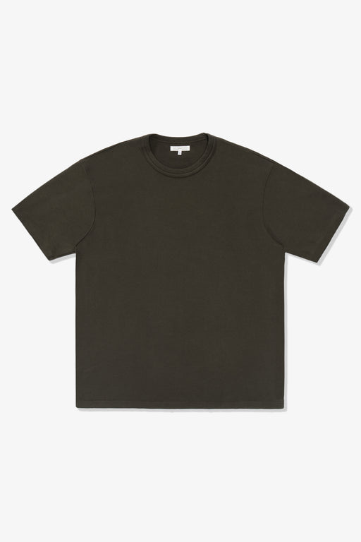 Full length flat-lay photograph of the LW134T Mesh T-shirt in a greenish black, “Black Pine” 