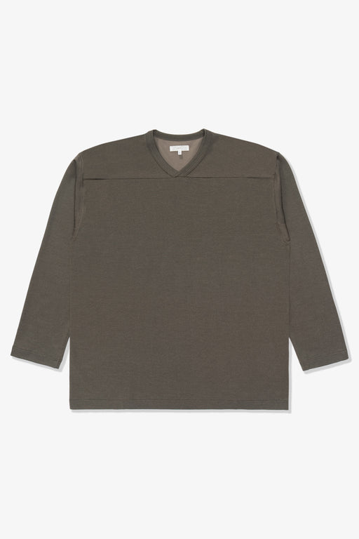 Full length flat-lay photograph of the LW135 LS Football T-shirt in a greenish grey, “Grey Olive”