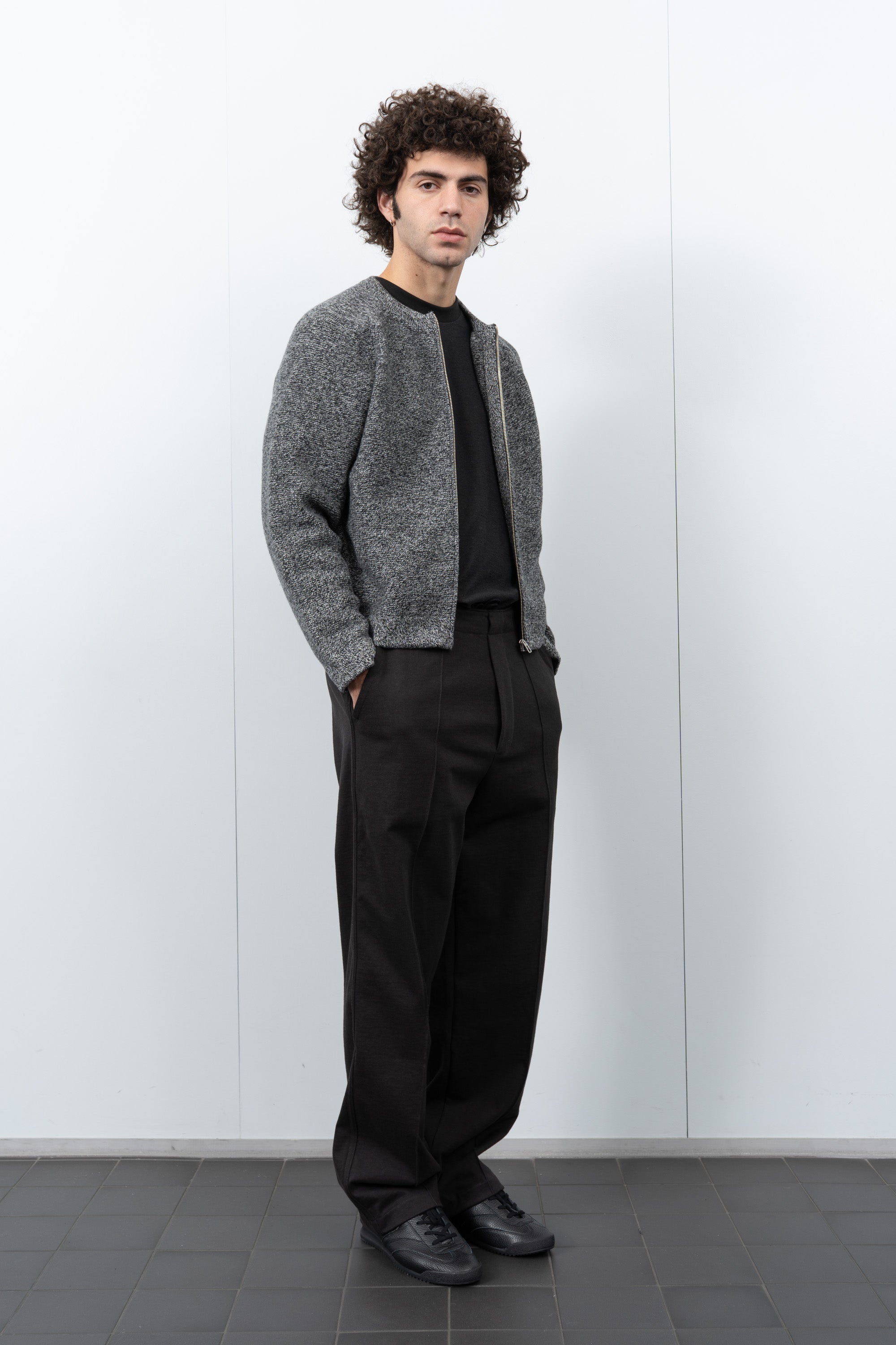 LW1430 Wool Link Zip Cardigan on a model