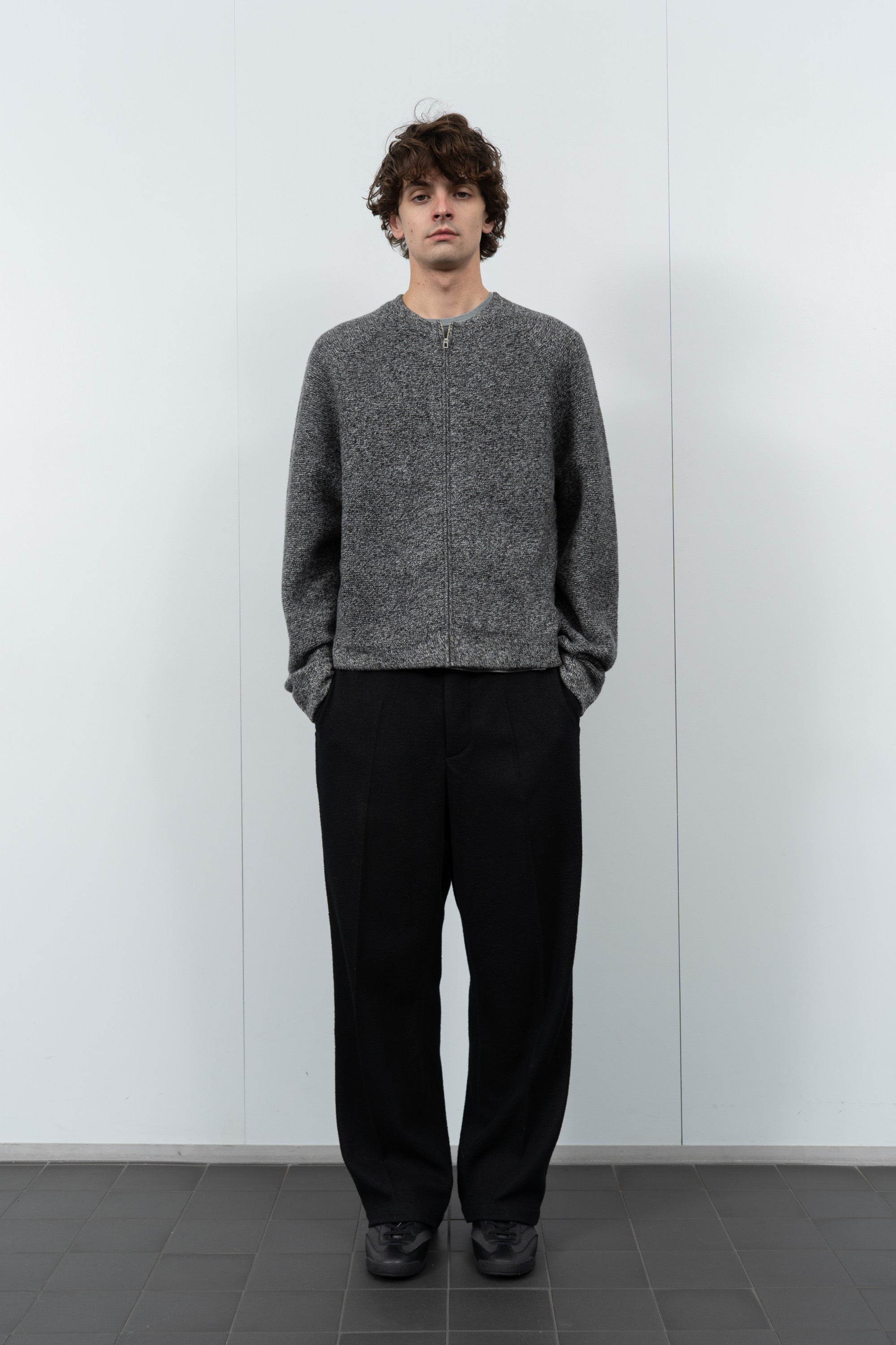 WOOL LINK ZIP CARDIGAN - BLACK TWIST
