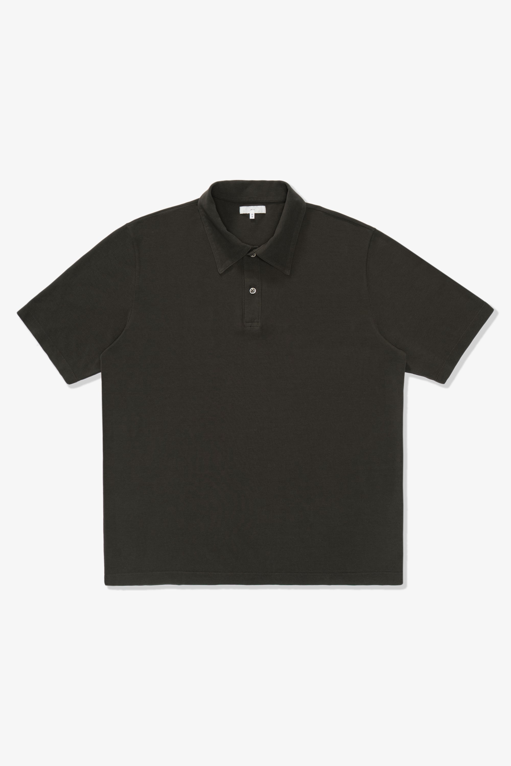 Full length flat-lay photograph of the LW400 Pique Two Button Polo in a greenish black, “Black Pine”