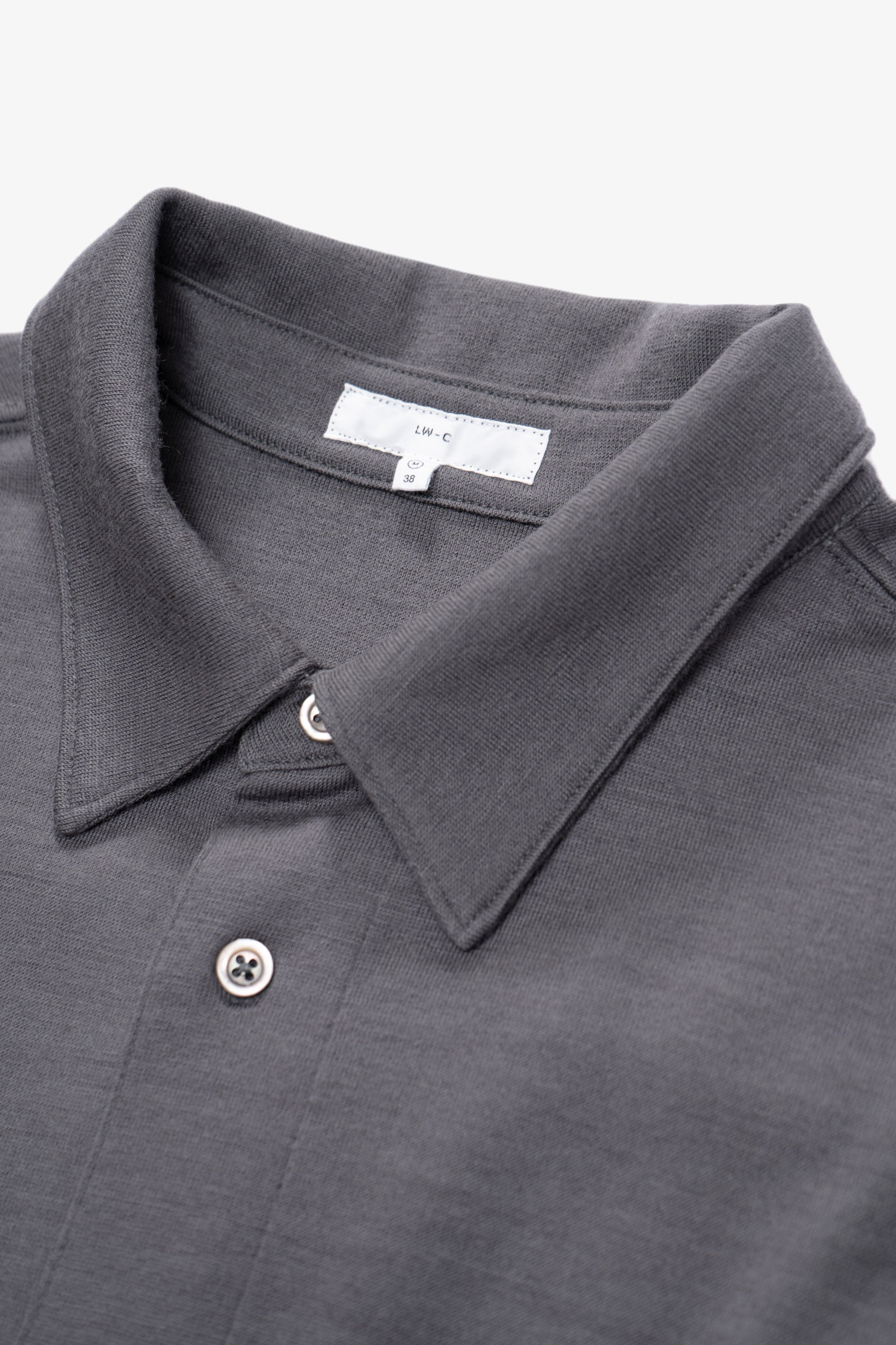 Close-up of collar of LW444W Wool Button up  in slate grey