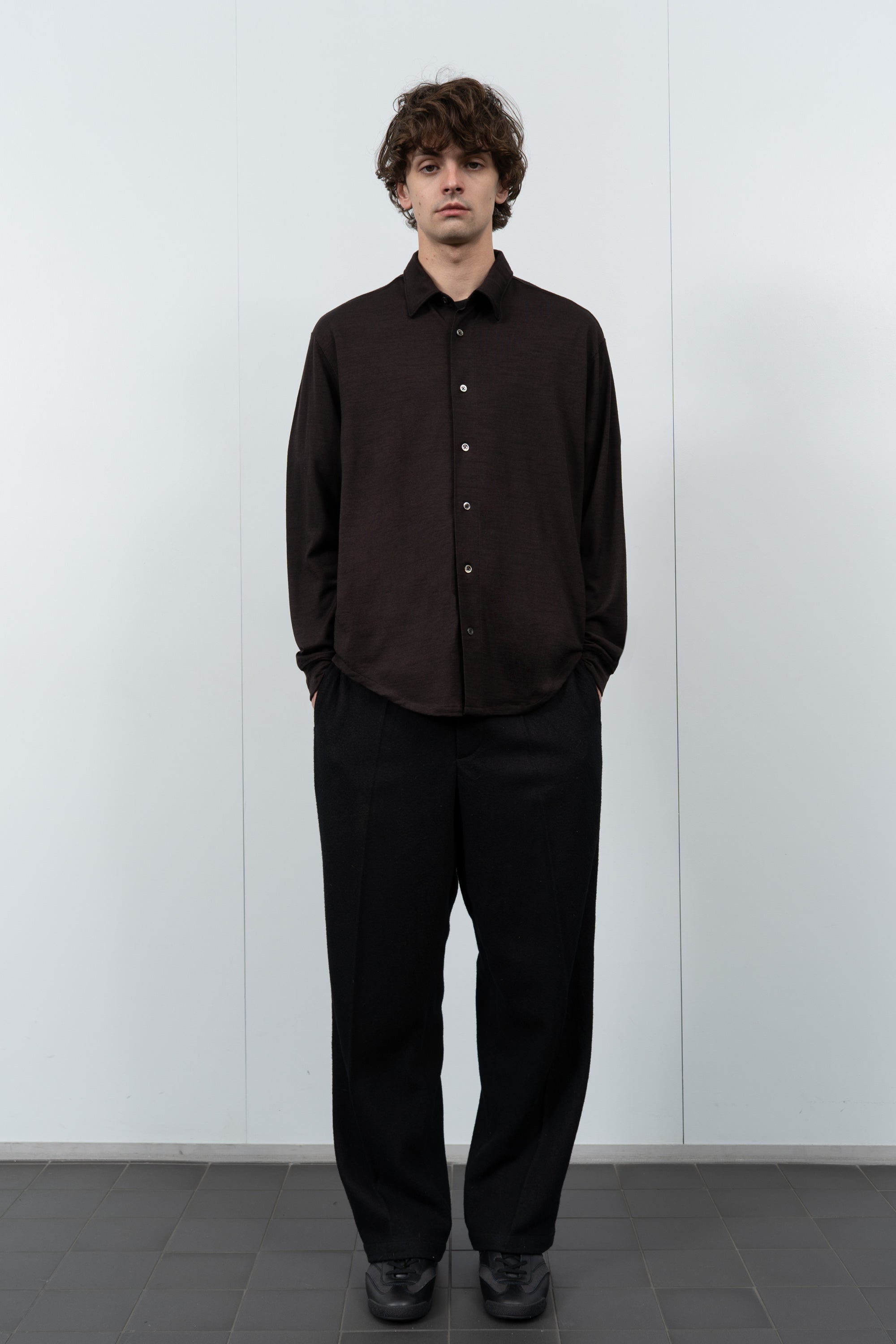 Model poses in LW444W Wool Button up  in Woodberry