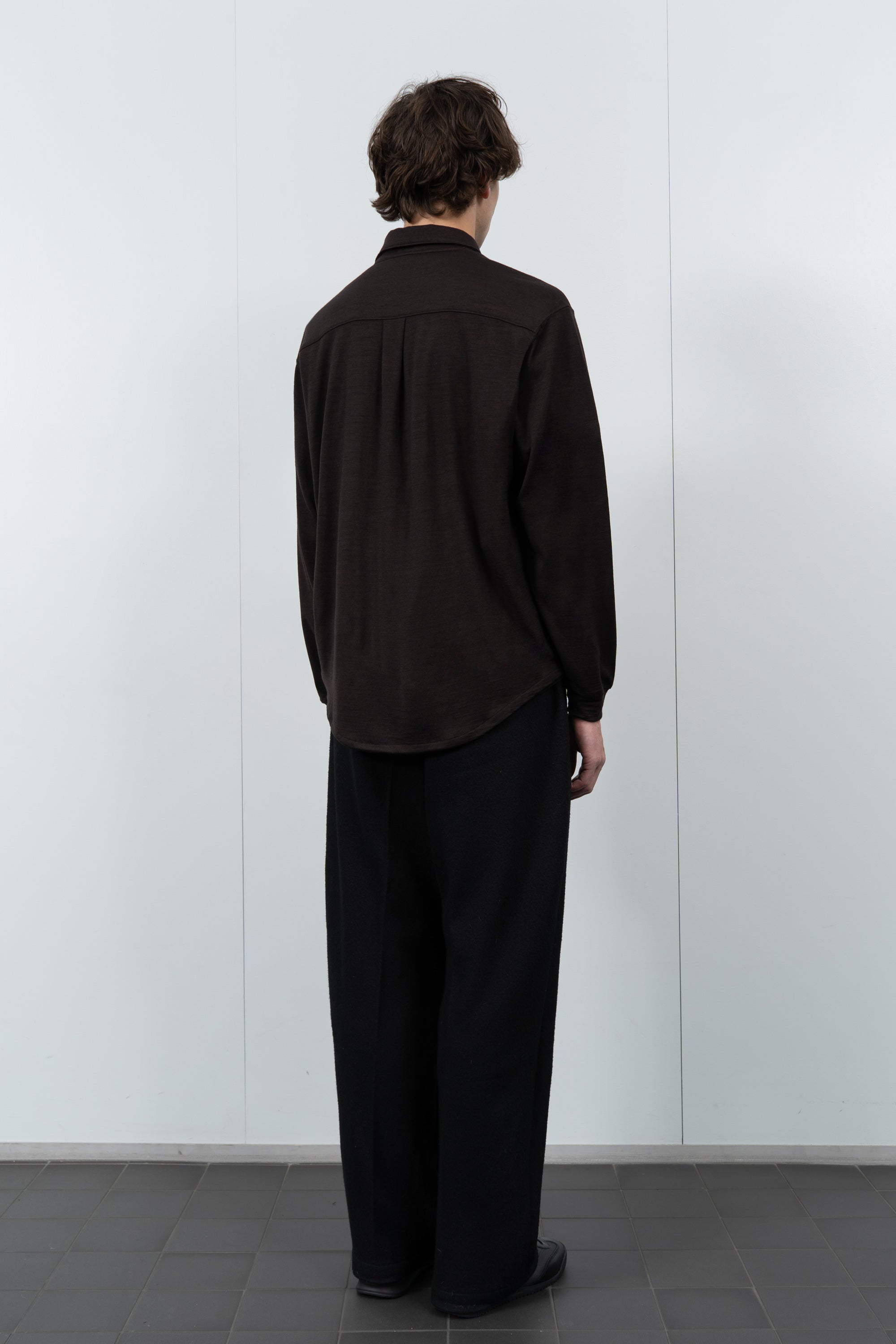 Model poses in LW444W Wool Button up  in Woodberry