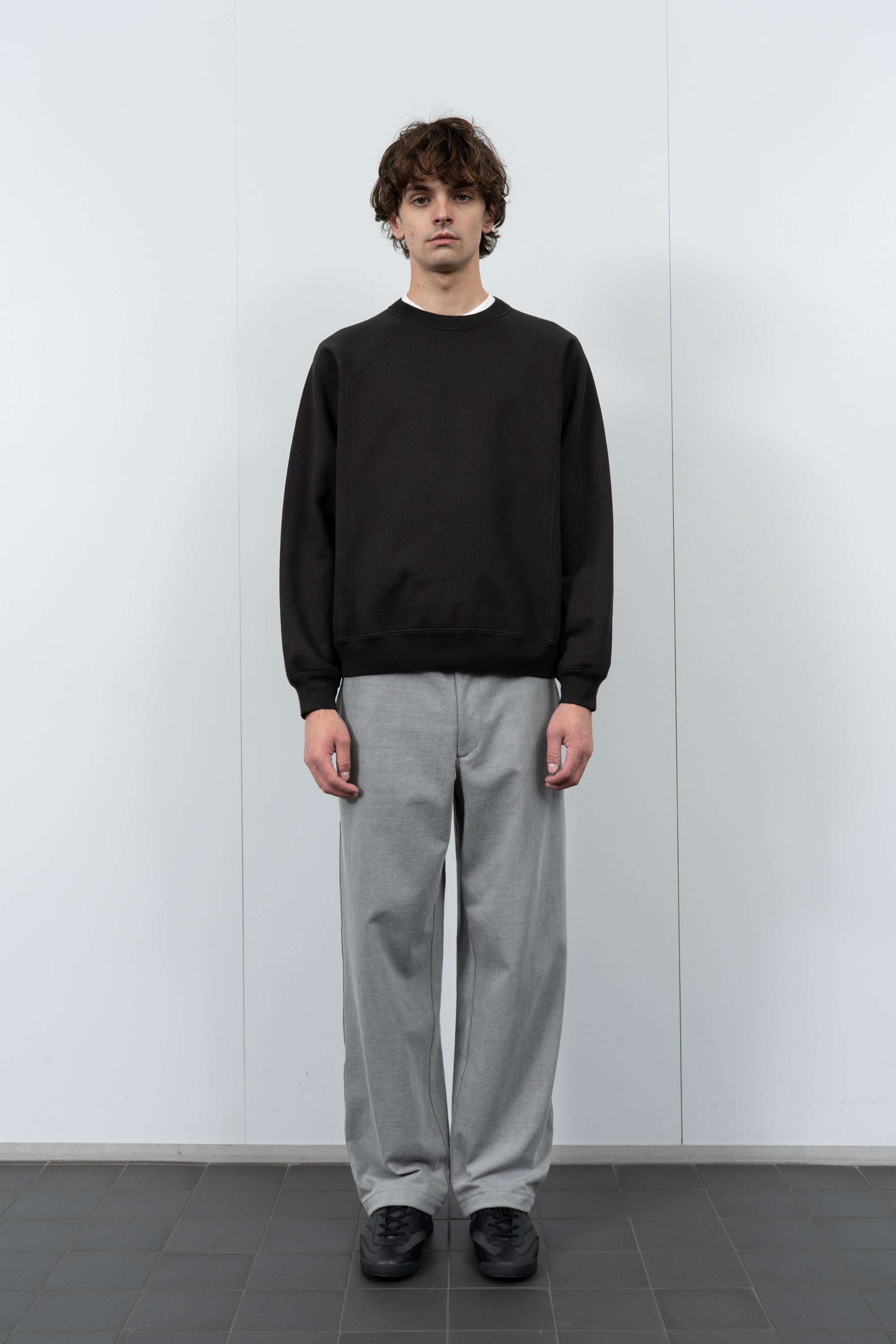 Model poses in LW620 Heavy Gusset Crewneck in shadow