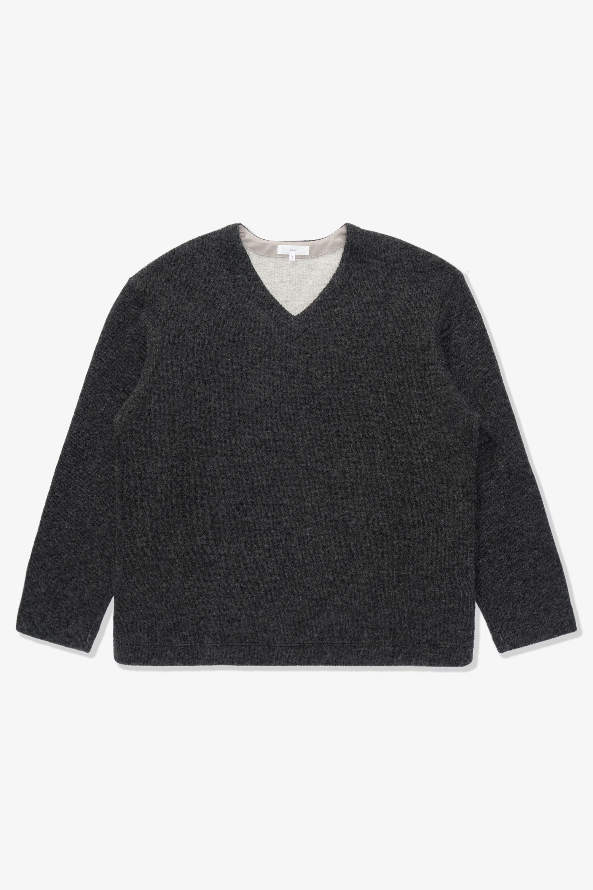 Full-length lay-flat photo of LW770CW V Neck Snap Sweater in charcoal