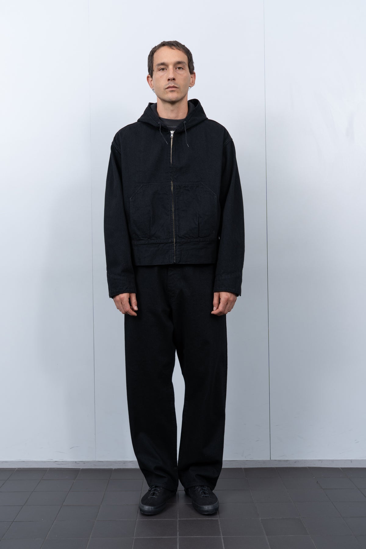 HOODED DENIM BLOUSON - BLACK