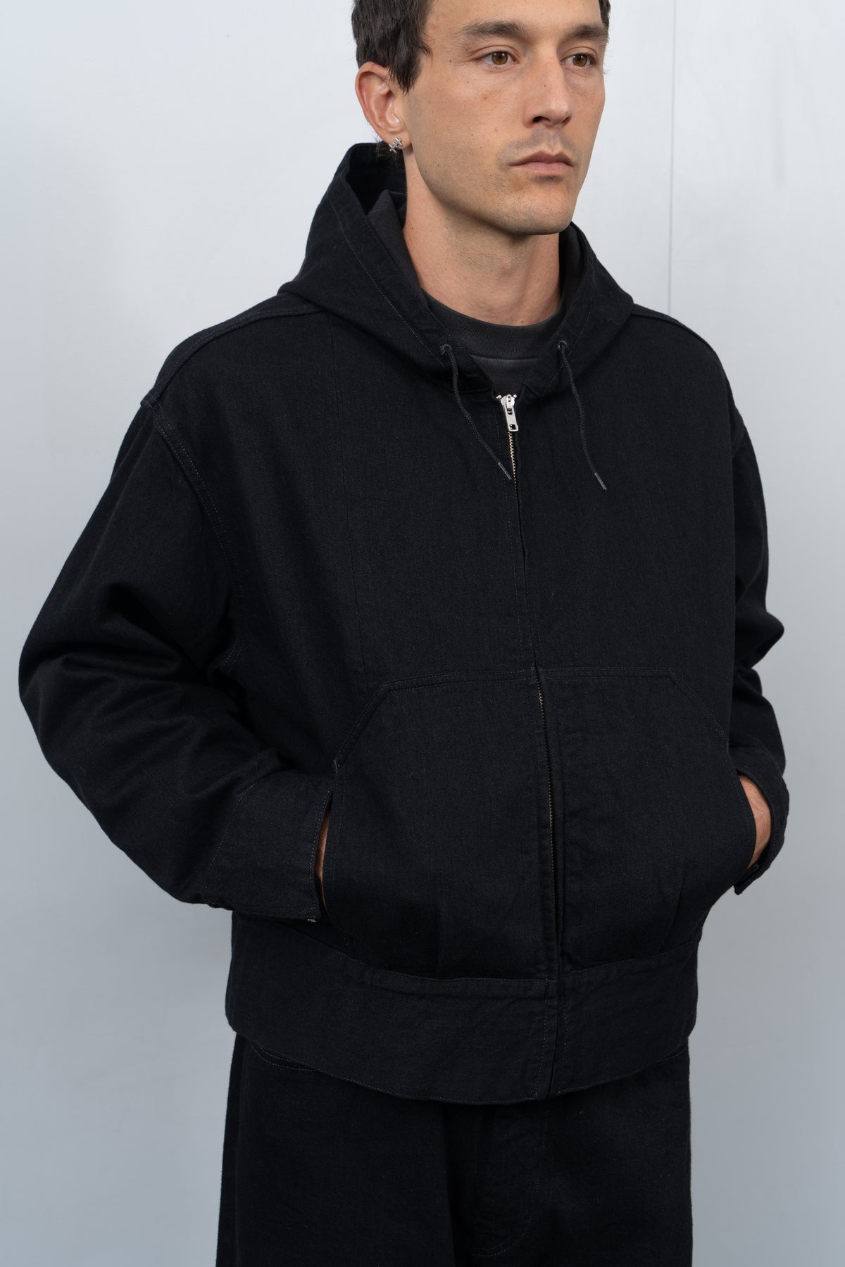 HOODED DENIM BLOUSON - BLACK