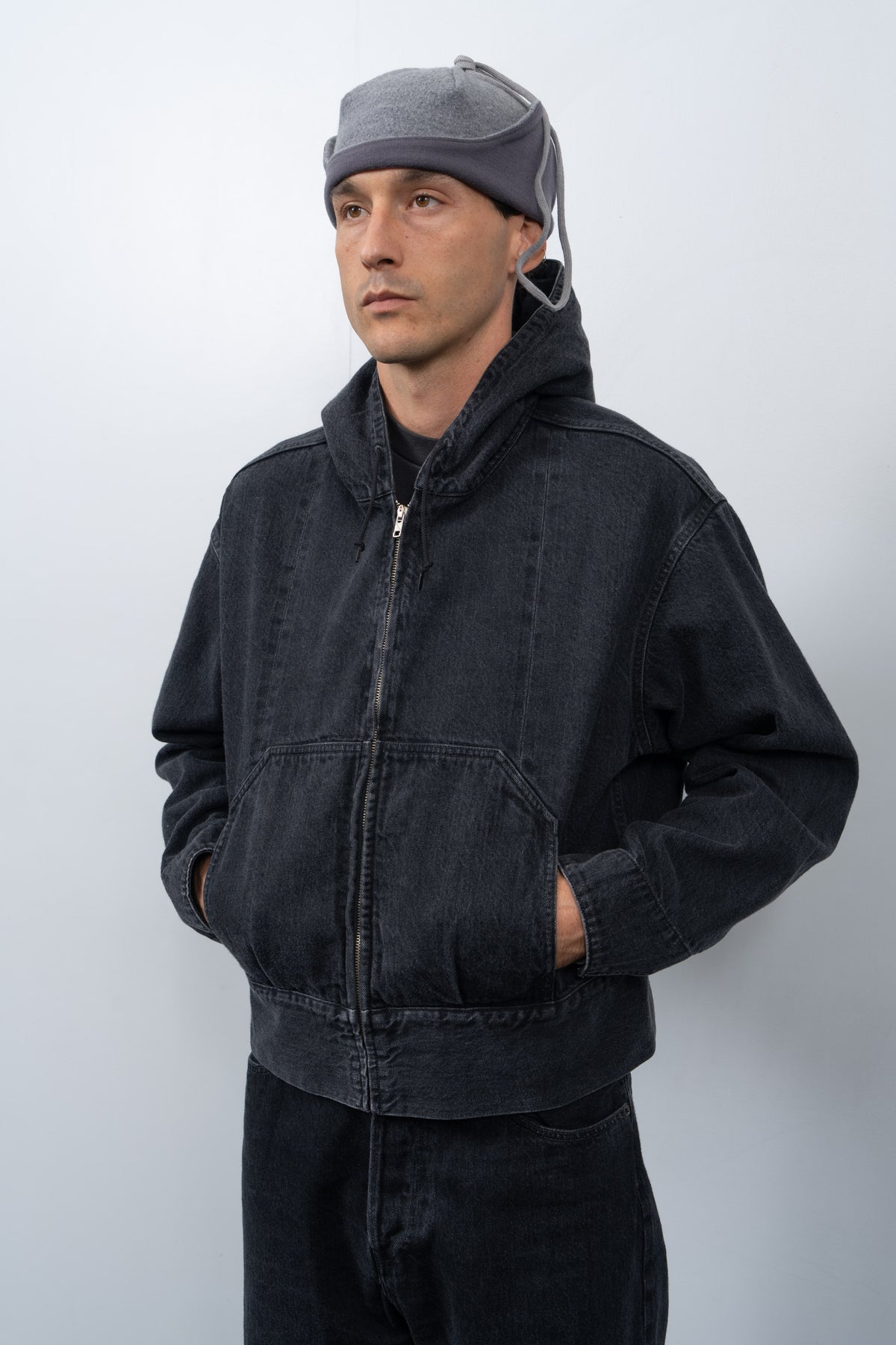 HOODED DENIM BLOUSON - FADED BLACK