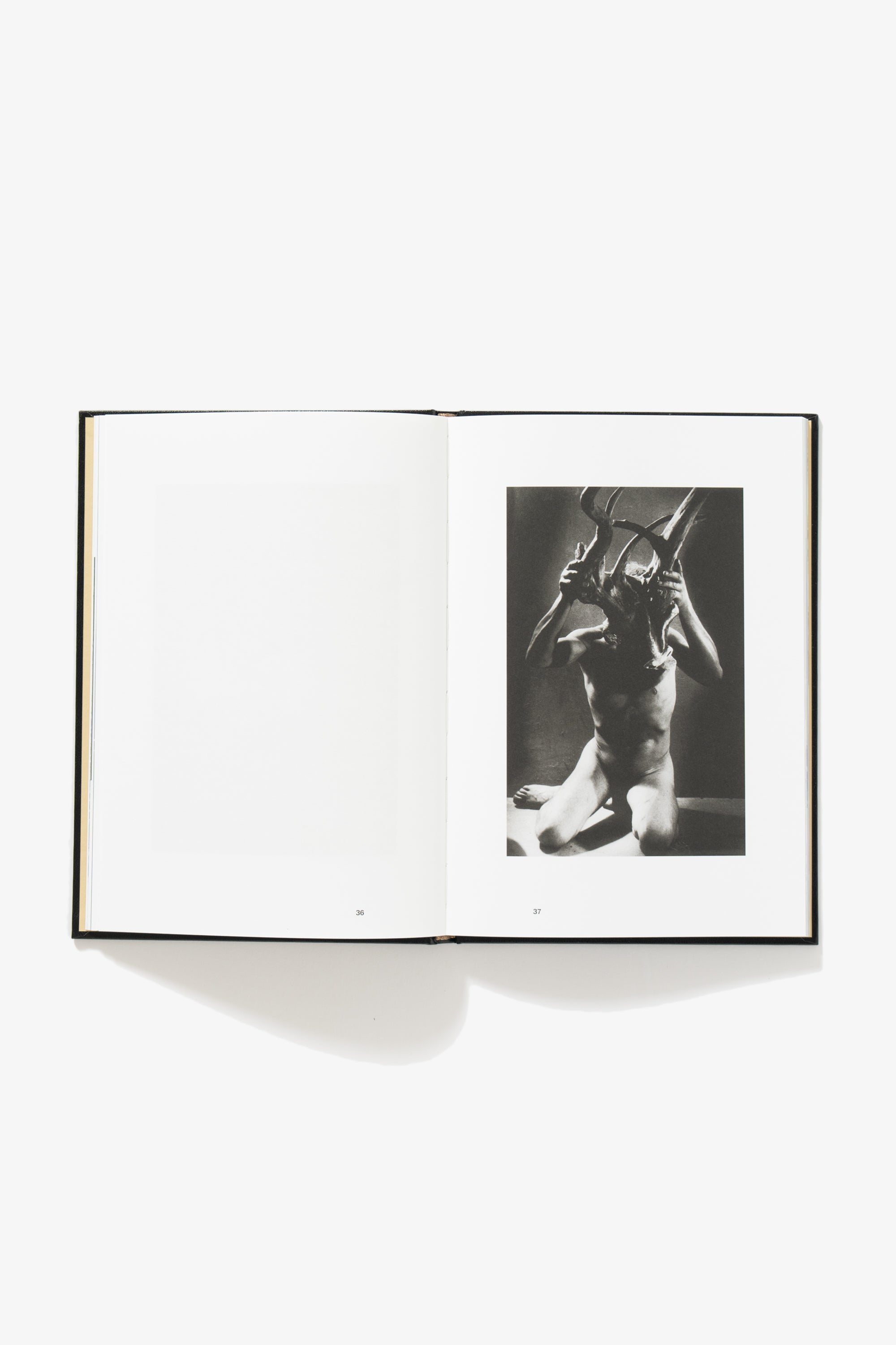 Spread of NAKED. Verso is blank. Recto shows a person of indeterminate sex kneeling, holding an animal’s skeletal head in front of their face.