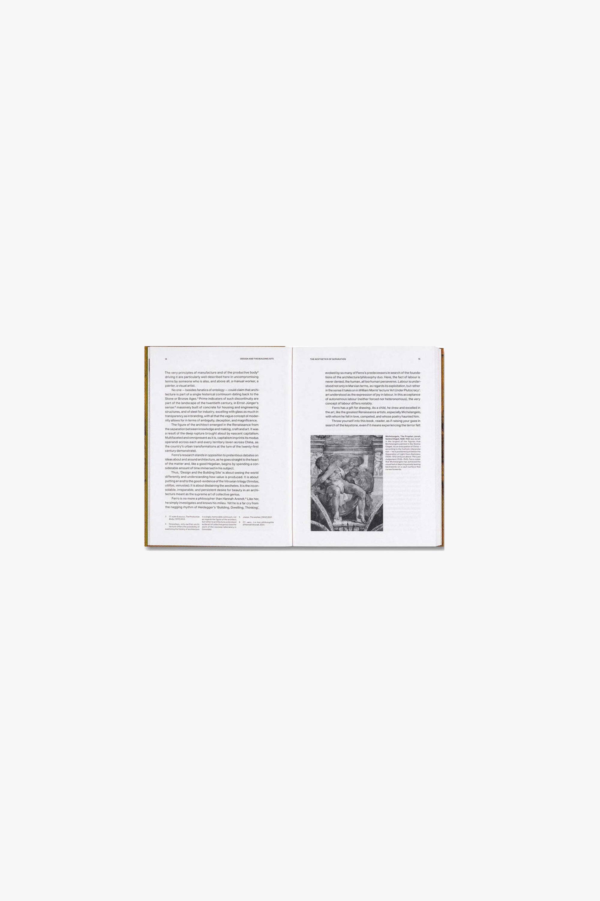 Full spread of Sergio Ferro’s “Design and the Building Site.” Verso is a page of text. Recto is text, with an image inset; image is a sculpture by Michelangelo.