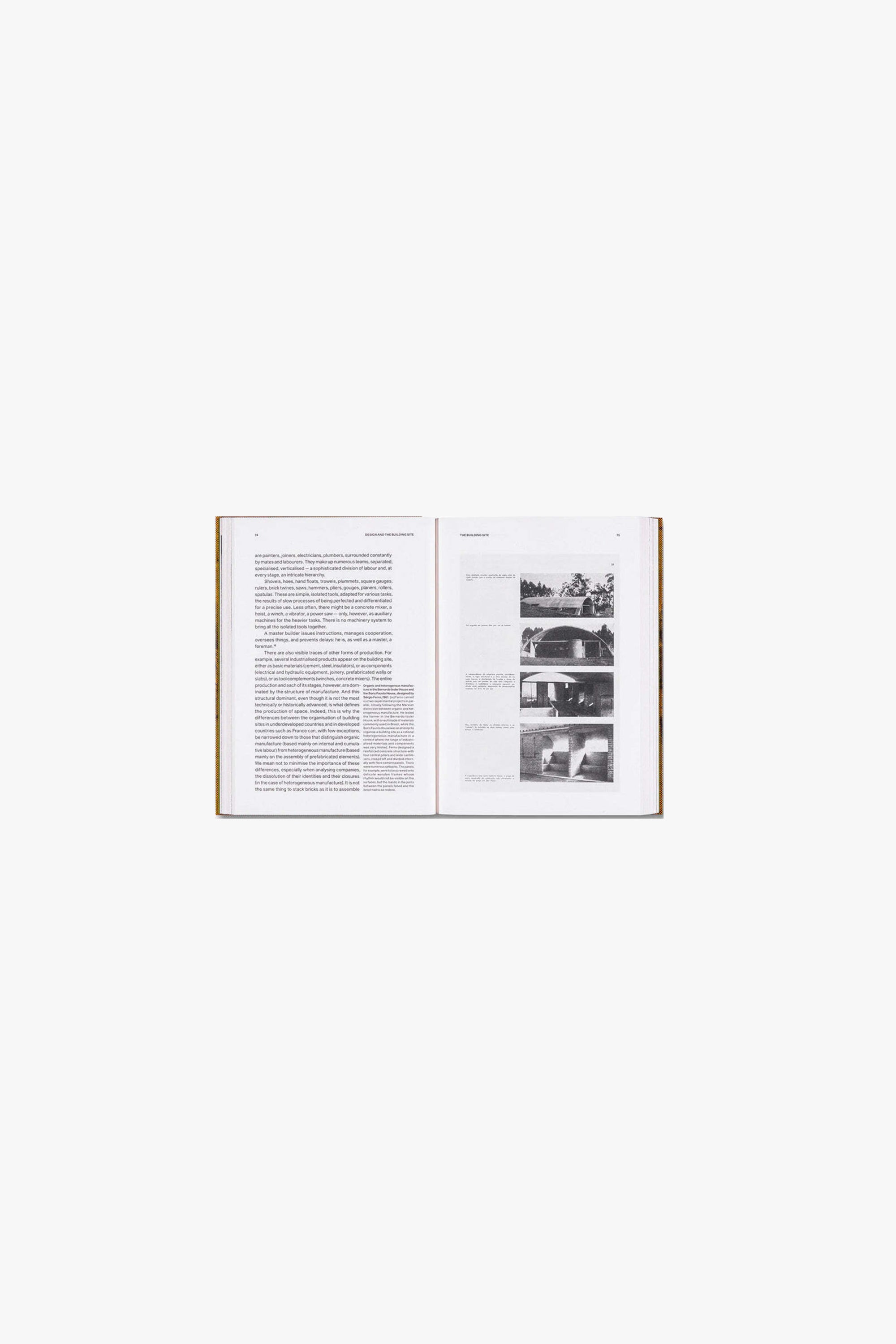 Full spread of Sergio Ferro’s “Design and the Building Site.” Verso is a page of text. Recto is a table of illustrations, four images of domed structures.