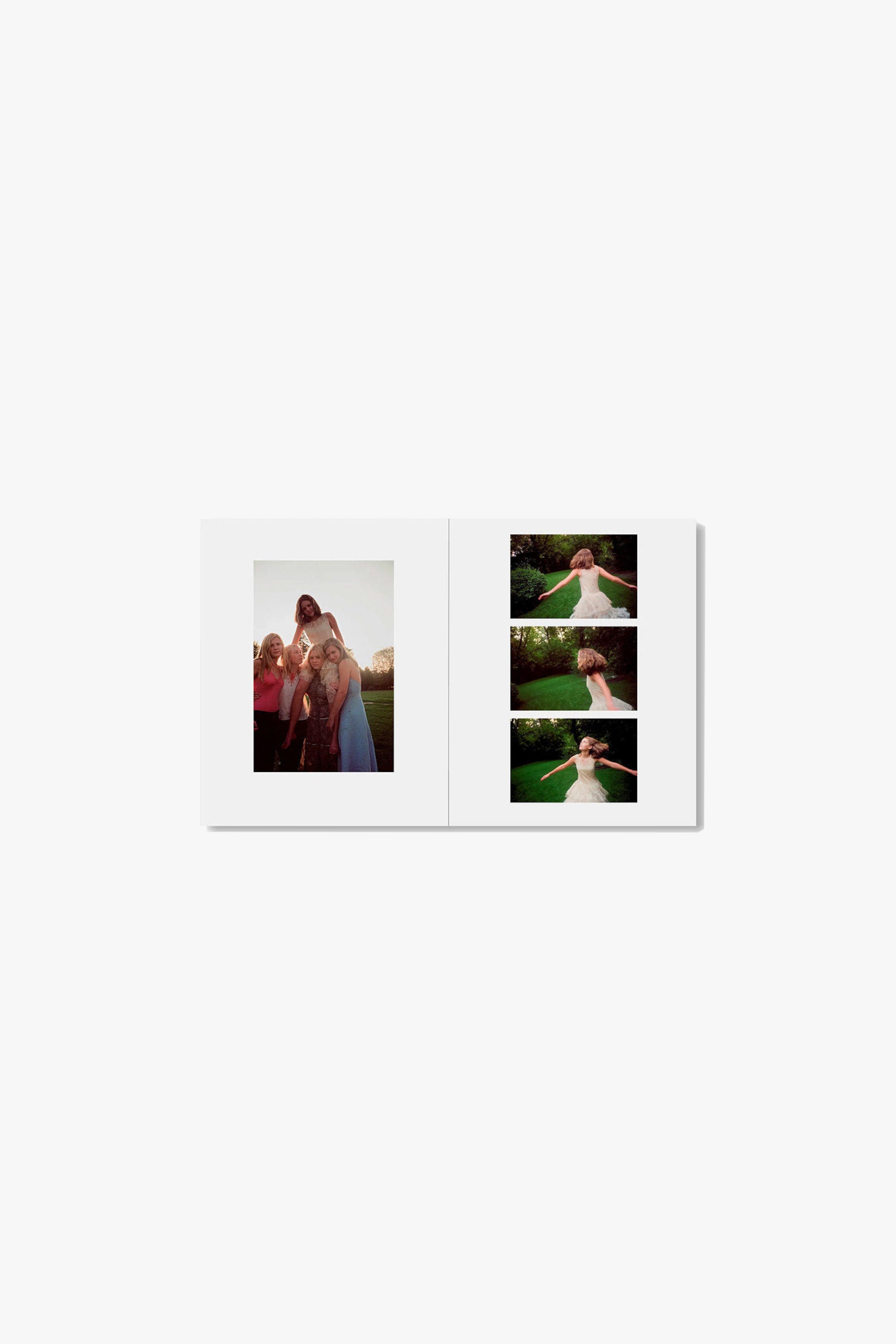 Full spread of Sofia Coppola’s “The Virgin Suicides.” Verso depicts five girls posing for a photograph; one straddles the neck of another. Recto is three photographs stacked, illustrating a girl spinning, her arms lazily stretched.