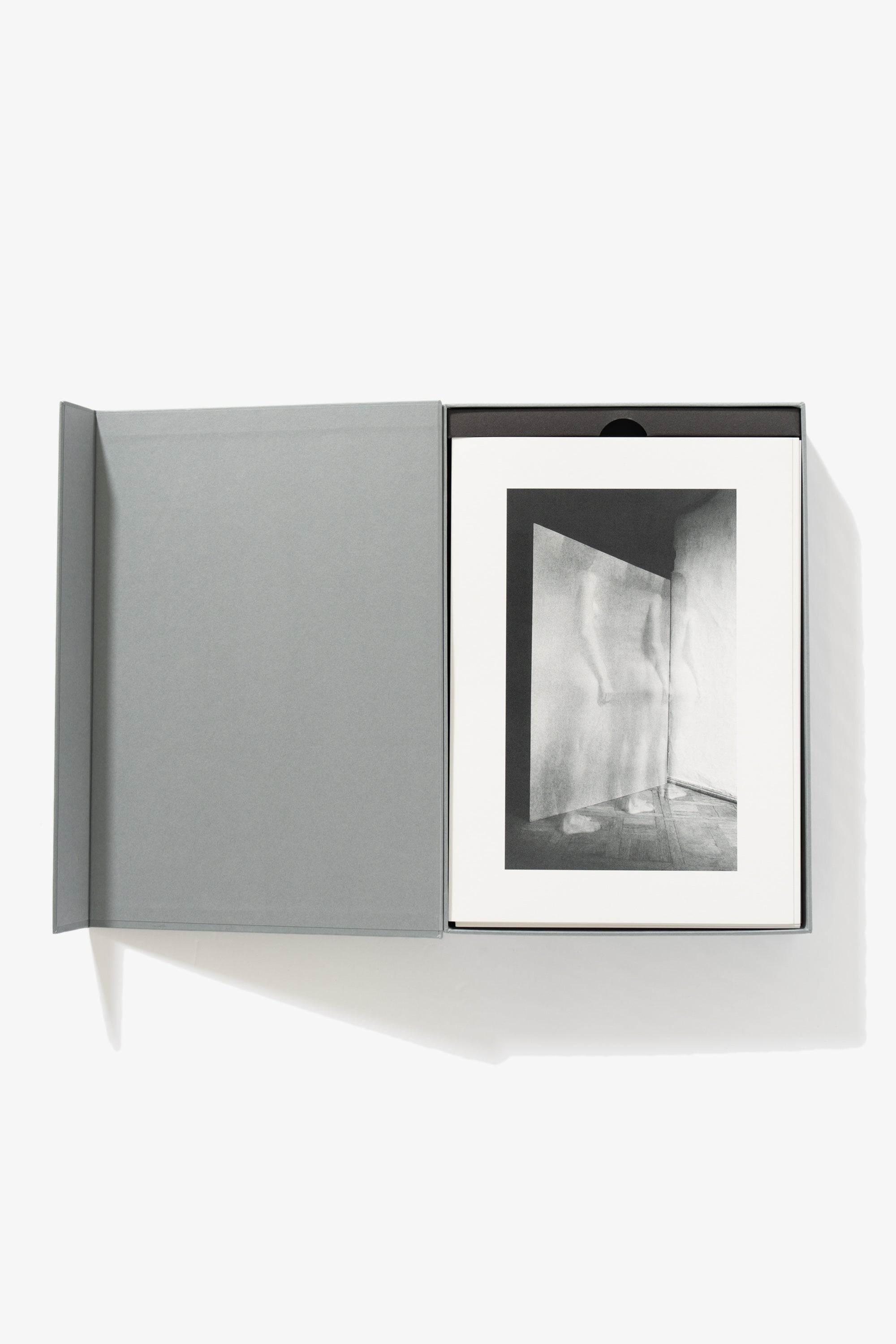A full-length image of the collection opened. The left-side is the opened hinge cover of the case. The right side shows a single image of a nude figure, captured in stop motion, her body transparent.