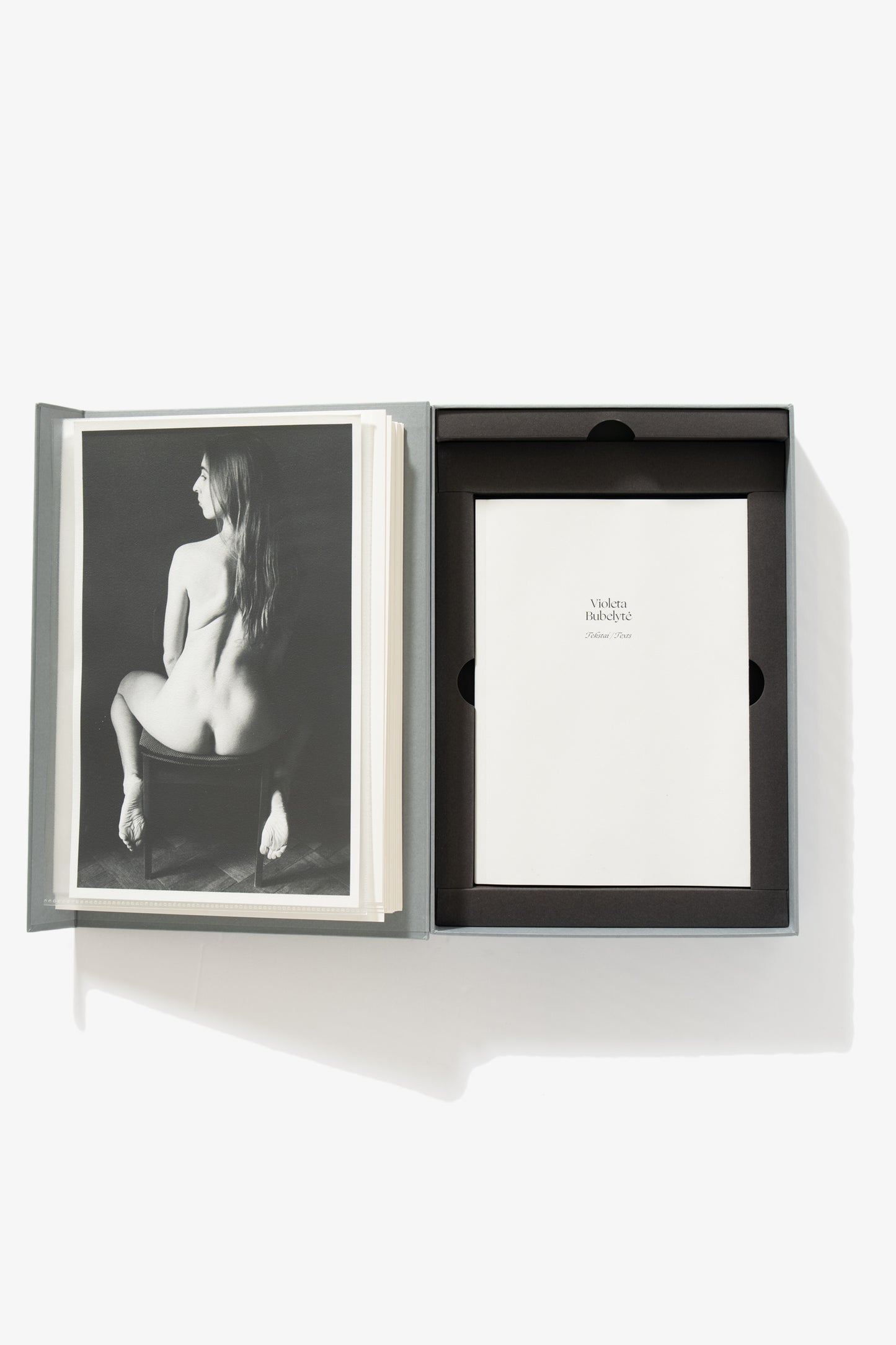 A full-length image of the collection opened. The left-side shows a woman sitting on a chair, her back toward the camera, her nude buttocks visible. The right side is the cover of a collection of texts, titled “Violeta Bubelyte.” 